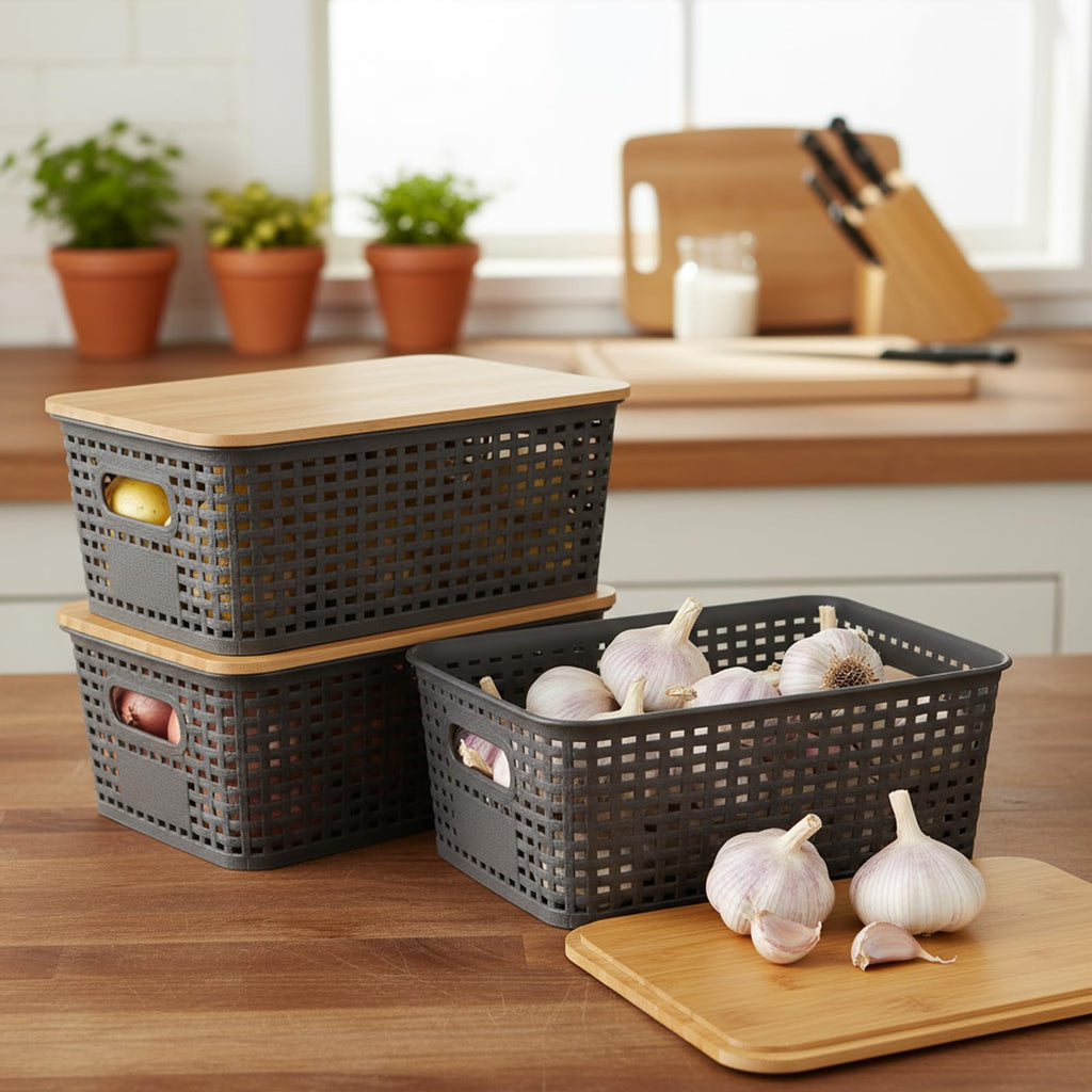 Dewsea Onion and Potato Storage Bins Set, Vegetable Storage Basket, 3 Pack Pantry Storage with Bamboo Lids & Handles for Produce, Fruit, Bread and Snacks