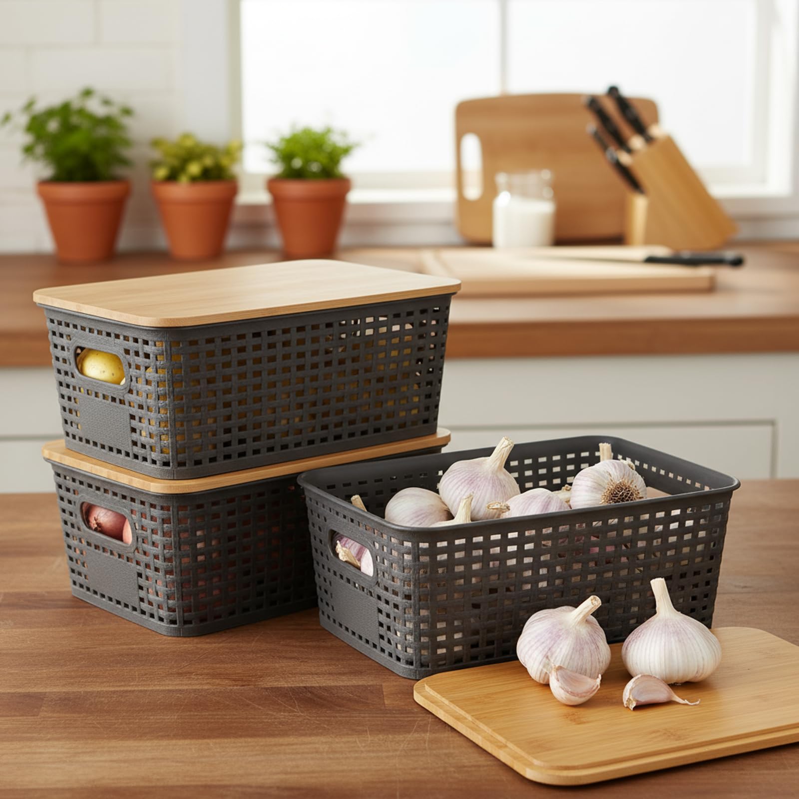 Dewsea Onion and Potato Storage Bins Set, Vegetable Storage Basket, 3 Pack Pantry Storage with Bamboo Lids & Handles for Produce, Fruit, Bread and Snacks