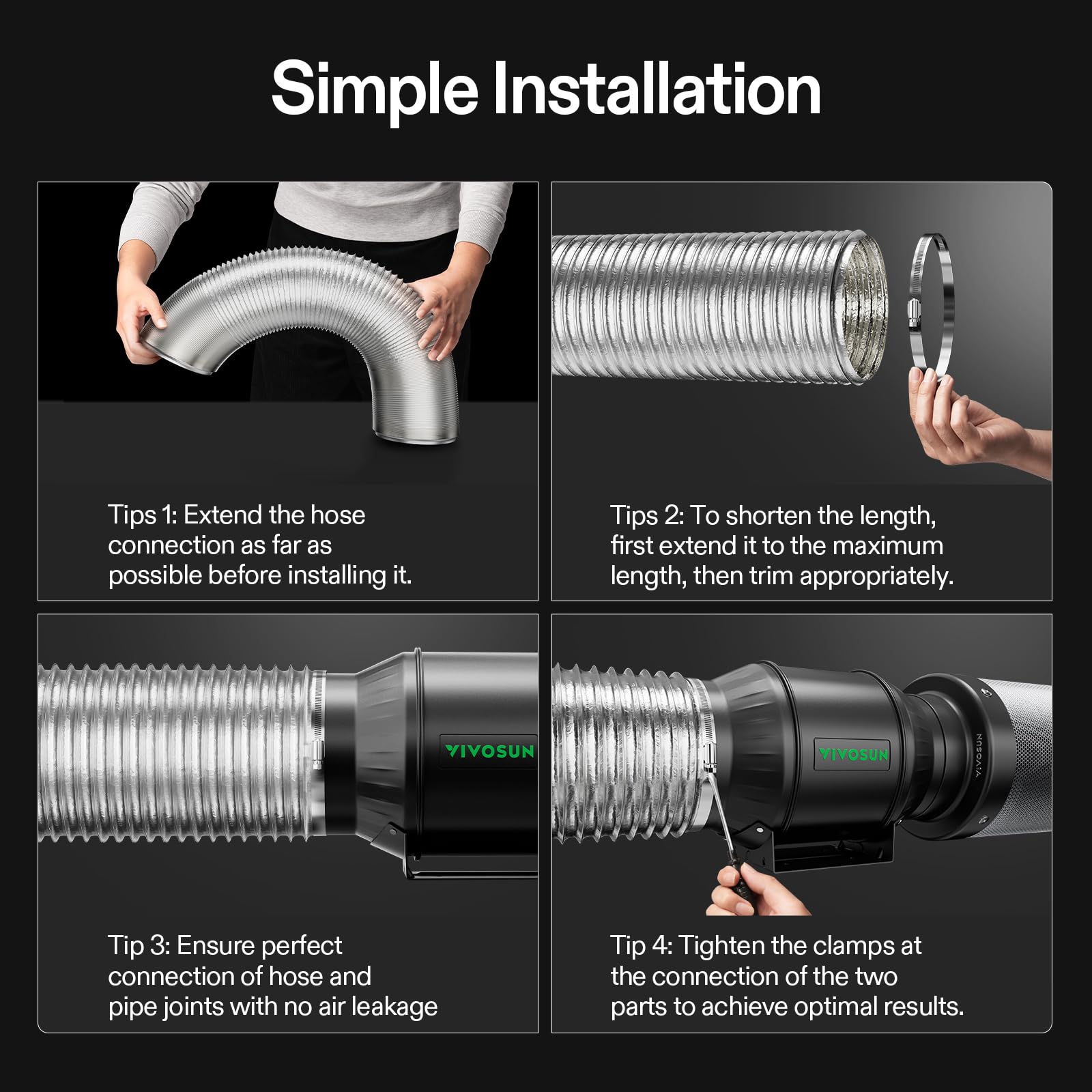 VIVOSUN 4 Inch 16 Feet Non-Insulated Flex Air Aluminum Ducting for HVAC Ventilation with 2 Stainless Steel Clamps