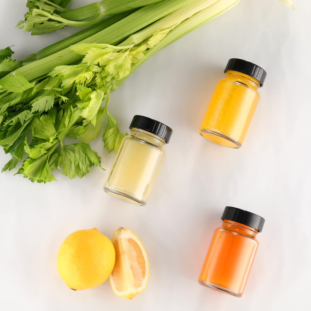 VOLCANOES CLUB 2oz Glass Jars with Lids - Glass Shot Bottles Set for Liquids, Juicing, Ginger Shot, Sample - Small Containers with Screw Caps - Mini Round Bottles - Leakproof/Wide Mouth - 12Pack