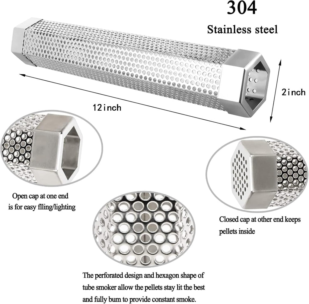 Smoke Tube for Pellet Smoker, 12'' Stainless Steel Pellet Smoker Tube for Cold/Hot Smoking, 5 Hours of Billowing Smoke, Fits All Grill or Smoker, Improved Hexagon Design