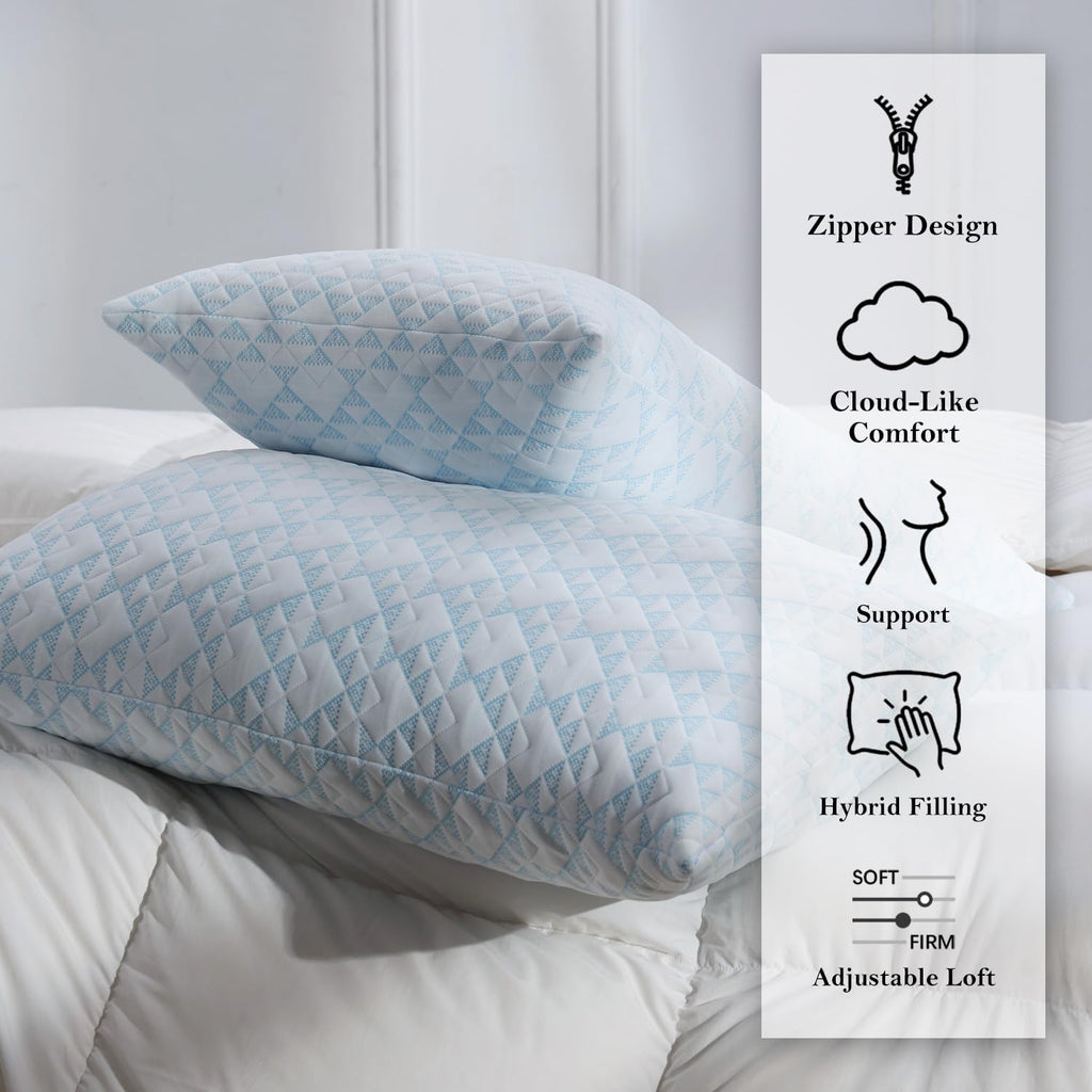 Adjustable Memory Foam Bed Pillows:Queen Size Shredded Foam Pillow Set of 2 for Sleeping with Removable & Washable Pillowcase for Back,Side & Stomach Sleeper-Medium Firm