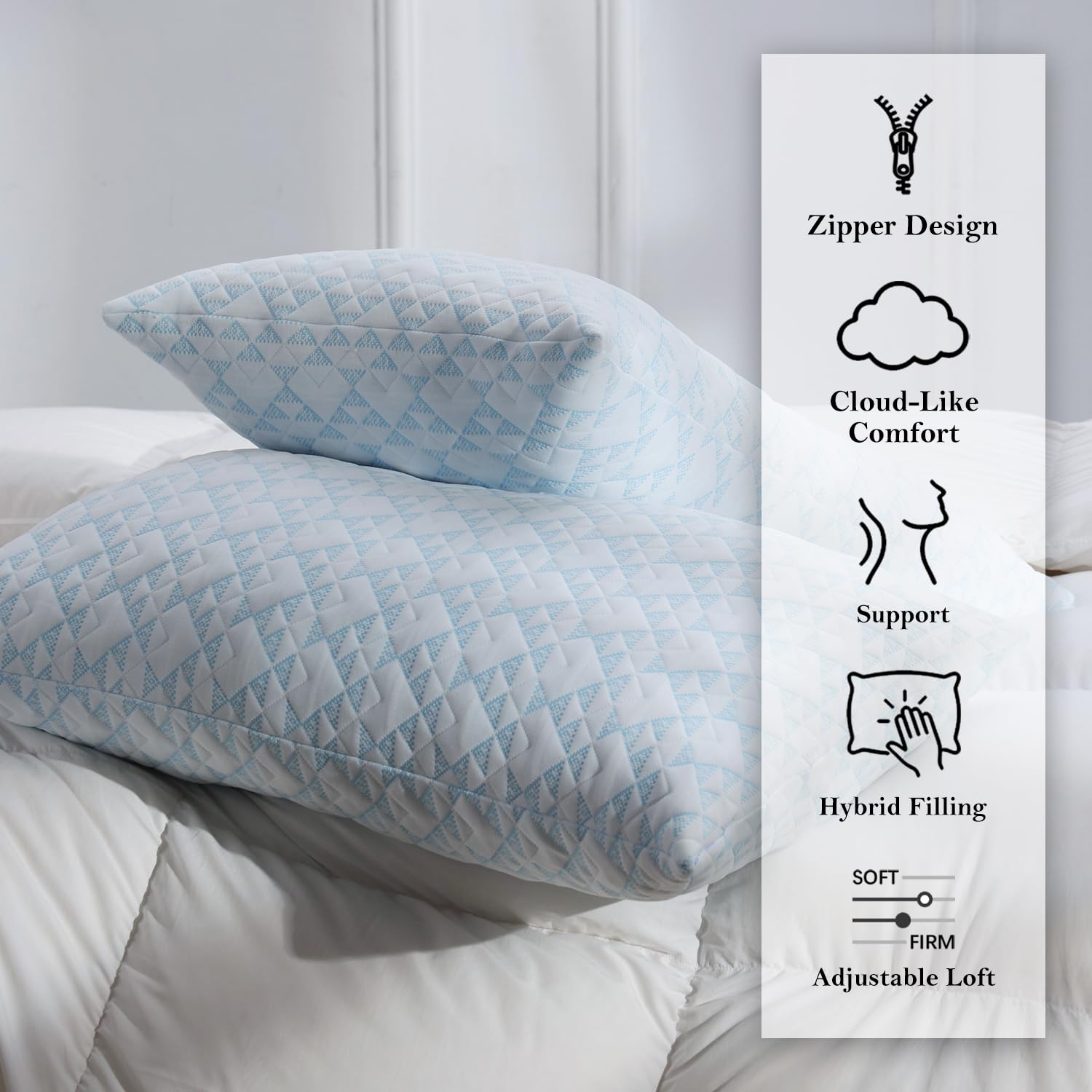 Adjustable Memory Foam Bed Pillows:Queen Size Shredded Foam Pillow Set of 2 for Sleeping with Removable & Washable Pillowcase for Back,Side & Stomach Sleeper-Medium Firm