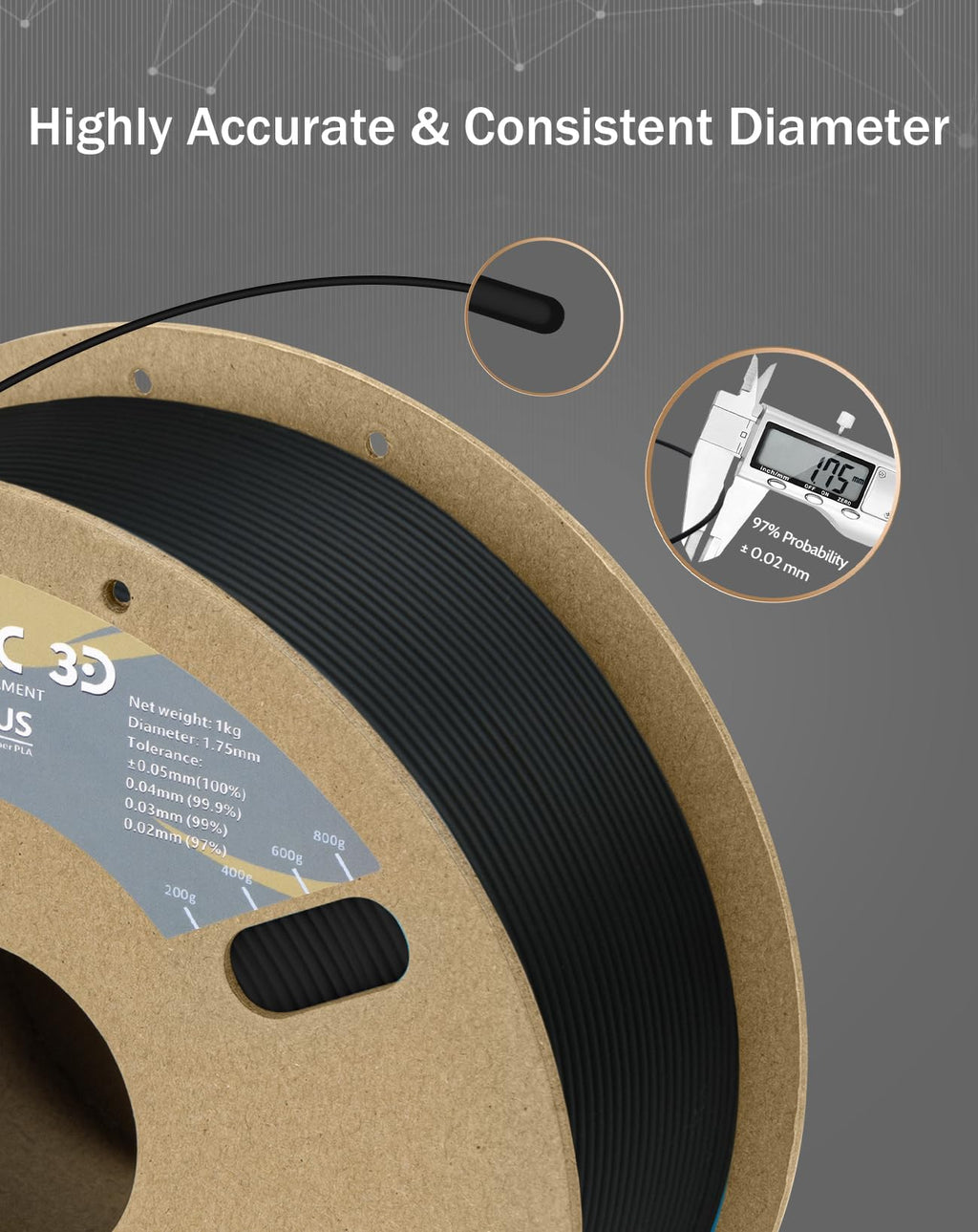 DURAMIC 3D PLA Plus (PLA+) Filament 1.75mm Black 1kg, 3D Printer Filament Tough PLA Pro 8 Times Strength, Cardboard Spool 3D Printing Filament PLA + Dimensional Accuracy 99% +/- 0.03 mm