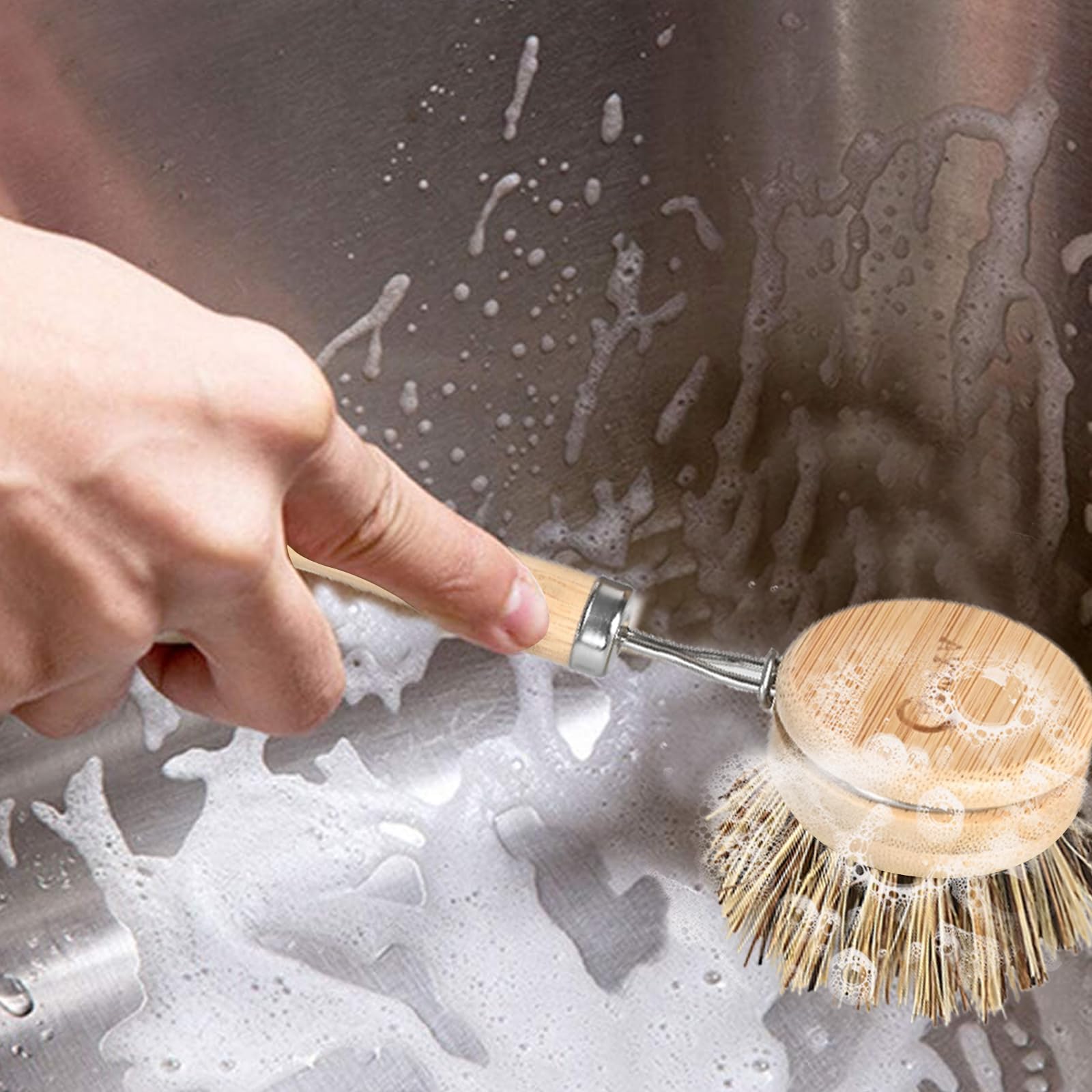 Bamboo Dish Scrubber - Hard Bristle, Natural Dish Brush with Handle, Sustainable & Biodegradable, Kitchen Scrub Brush for Dishes, Iron POTS, Baking Trays, Barbecue Grills