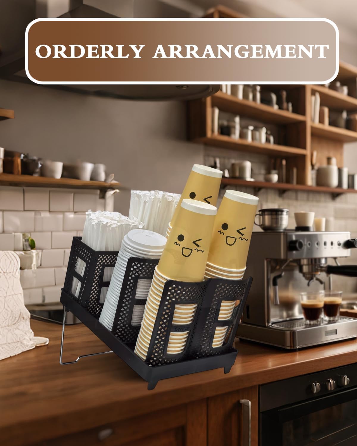 YTJHOME Disposable Coffee Cup Holder Lid Dispenser 2 IN1 Paper Cup and Lid Holder with Straw Organizer Adjustable Paper Cup Holder for Countertop Coffee Station Bar Restaurant Breakroom Kitchen Office