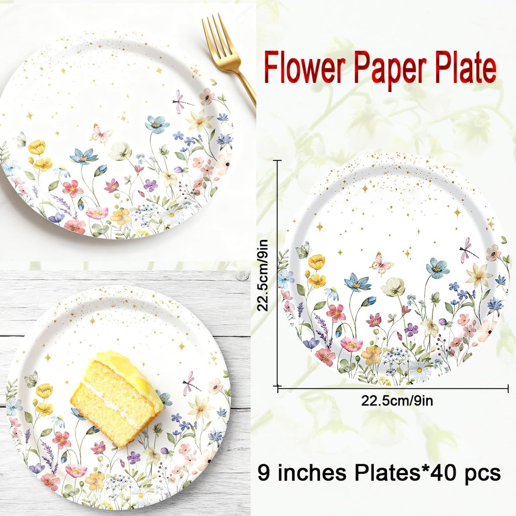 40 Pcs Floral Party Supplies Wildflower Paper Plates for Wedding Party Supplies Disposable Dessert Dinner Plates Party Garden Tableware Decoration (9inch)