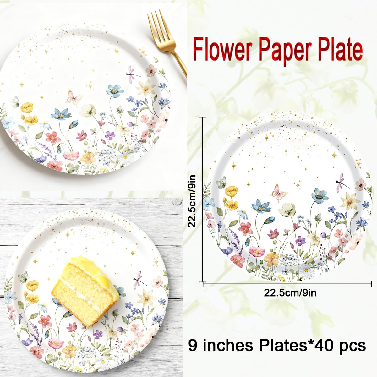 40 Pcs Floral Party Supplies Wildflower Paper Plates for Wedding Party Supplies Disposable Dessert Dinner Plates Party Garden Tableware Decoration (9inch)