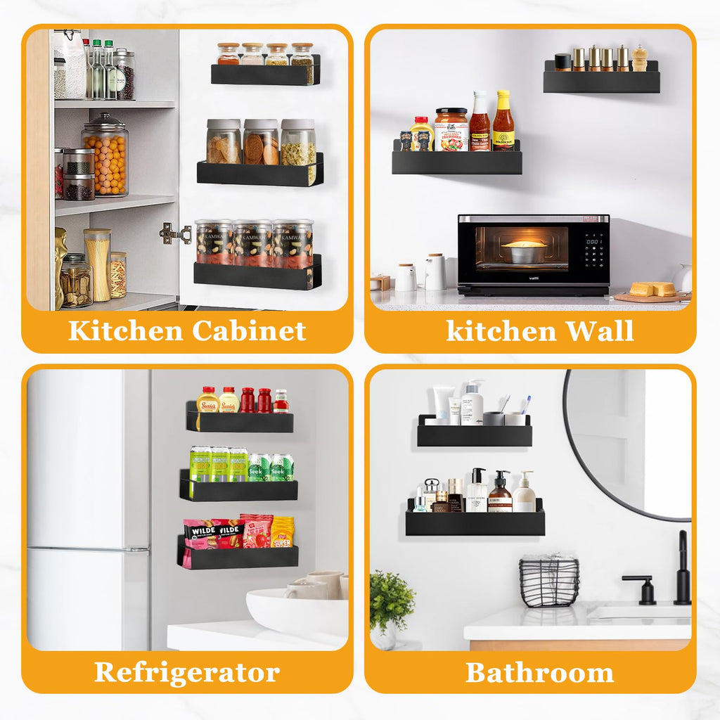 SYLLENHOD Kitchen Spice Rack for Wall: 2 Packs Black Adhesive Spice Racks Wall Mount - 11.8" Large Hanging Storage Organizer Cabinet Without Drilling for Smooth Wall - Work Room Bathroom Shelves