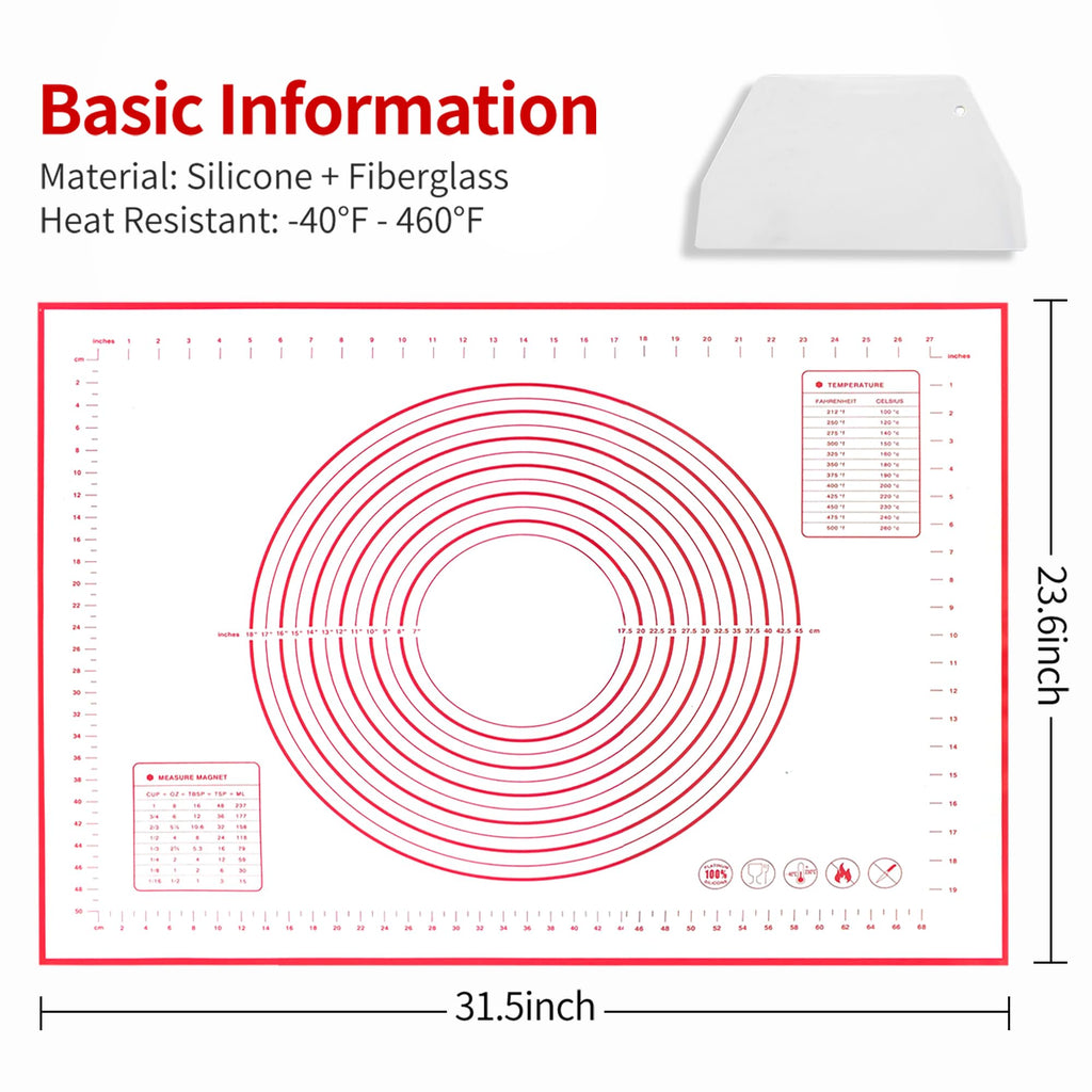 Silicone Baking Mat Super Large, 32x24 inch Silicone Pastry Non Stick Kneading Mat with Cable Ties and Dough Scraper, Measurement Food Grade Silicone Mat for Rolling Dough