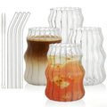 Tebery 4 Pack Ribbed Aesthetic Glass Cups with Glass Straw, 16Oz Vintage Drinking Glassware Ripple Cocktail Glasses for Iced Coffee Juice Beverage Milk