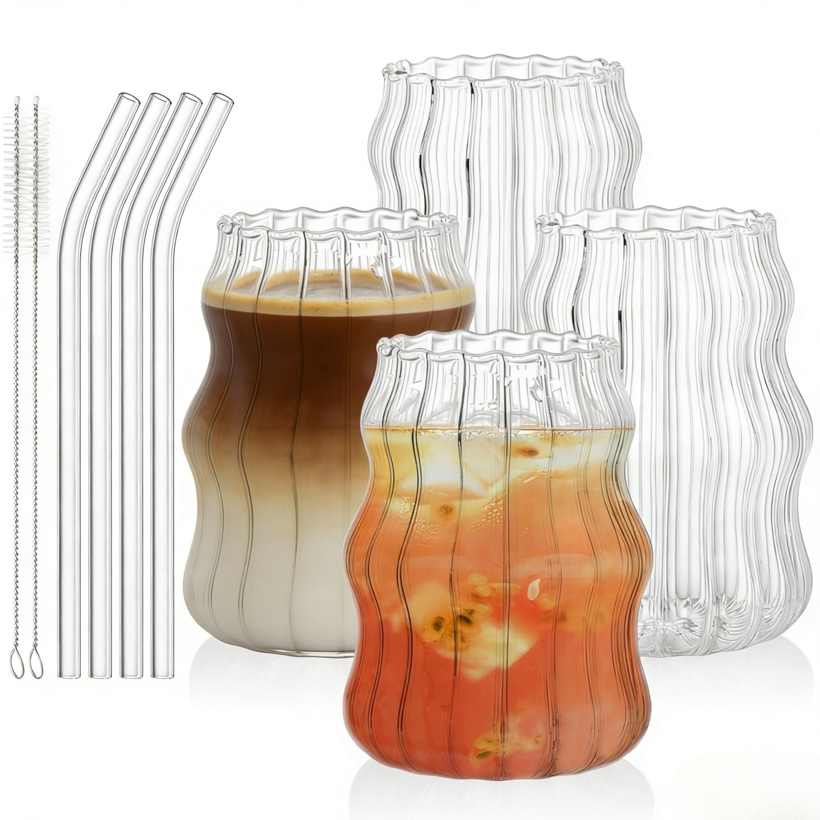Tebery 4 Pack Ribbed Aesthetic Glass Cups with Glass Straw, 16Oz Vintage Drinking Glassware Ripple Cocktail Glasses for Iced Coffee Juice Beverage Milk