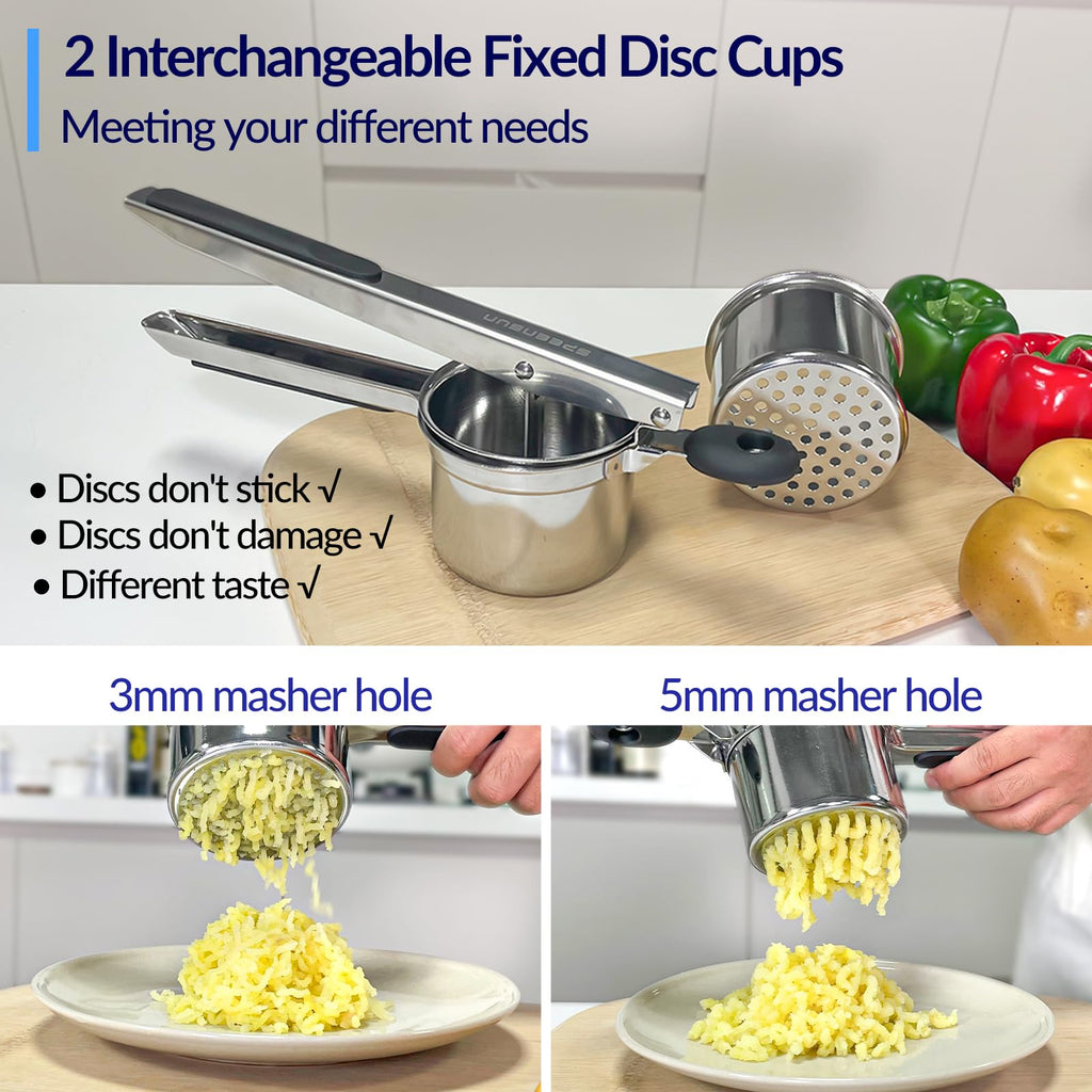 Potato Ricer,Ricer,Large 15oz Heavy Duty Stainless Steel Potato Masher with 2 Interchangeable Cup,Press and Mash Kitchen Tool for Mashed Potatoes,Creates Smooth Creamy Mashed Potato