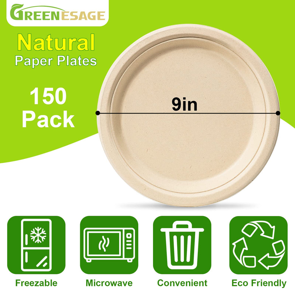Paper Plates 9 Inch, 150 Pack Compostable Plates Eco Friendly Disposable Plates, Heavy Duty Paper Plates, Brown Paper Plates for Party