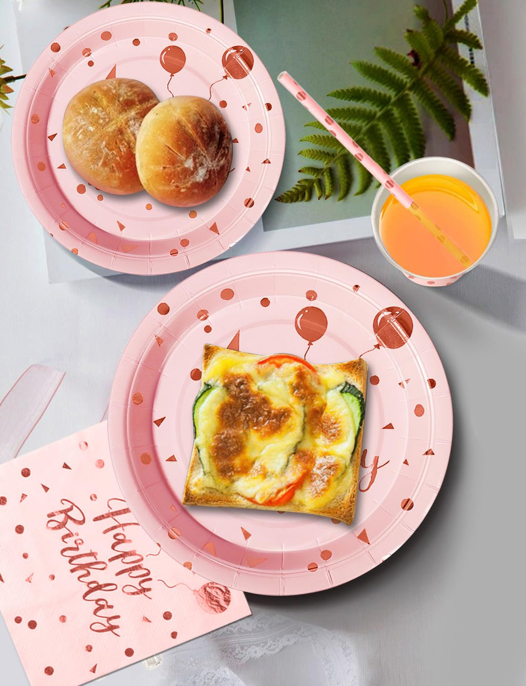Nkaiso Party Tableware 121Pcs Pink and Rosegold Happy Birthday Theme Kids Birthday Decoration Party Accessories Set Includes Paper Plates Napkins Cups, for Party Supplies-24 Guests