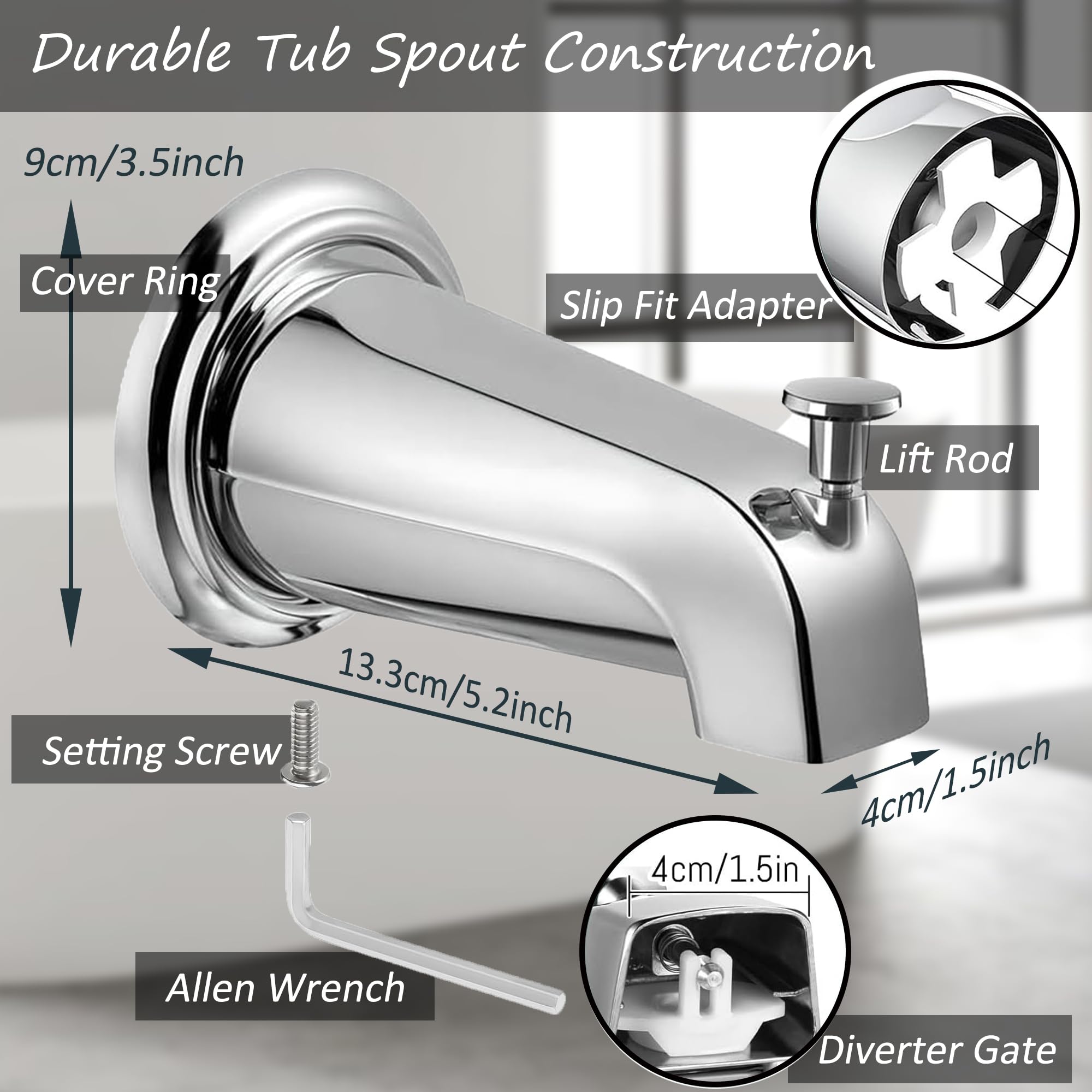 Tub Spout with Diverter, Slip on Bathtub Spout Replacement with Cover Ring Compatible with 1/2” Copper Pipe (5/8" Diameter), Universal Bath Tub Faucet Spout, Chrome