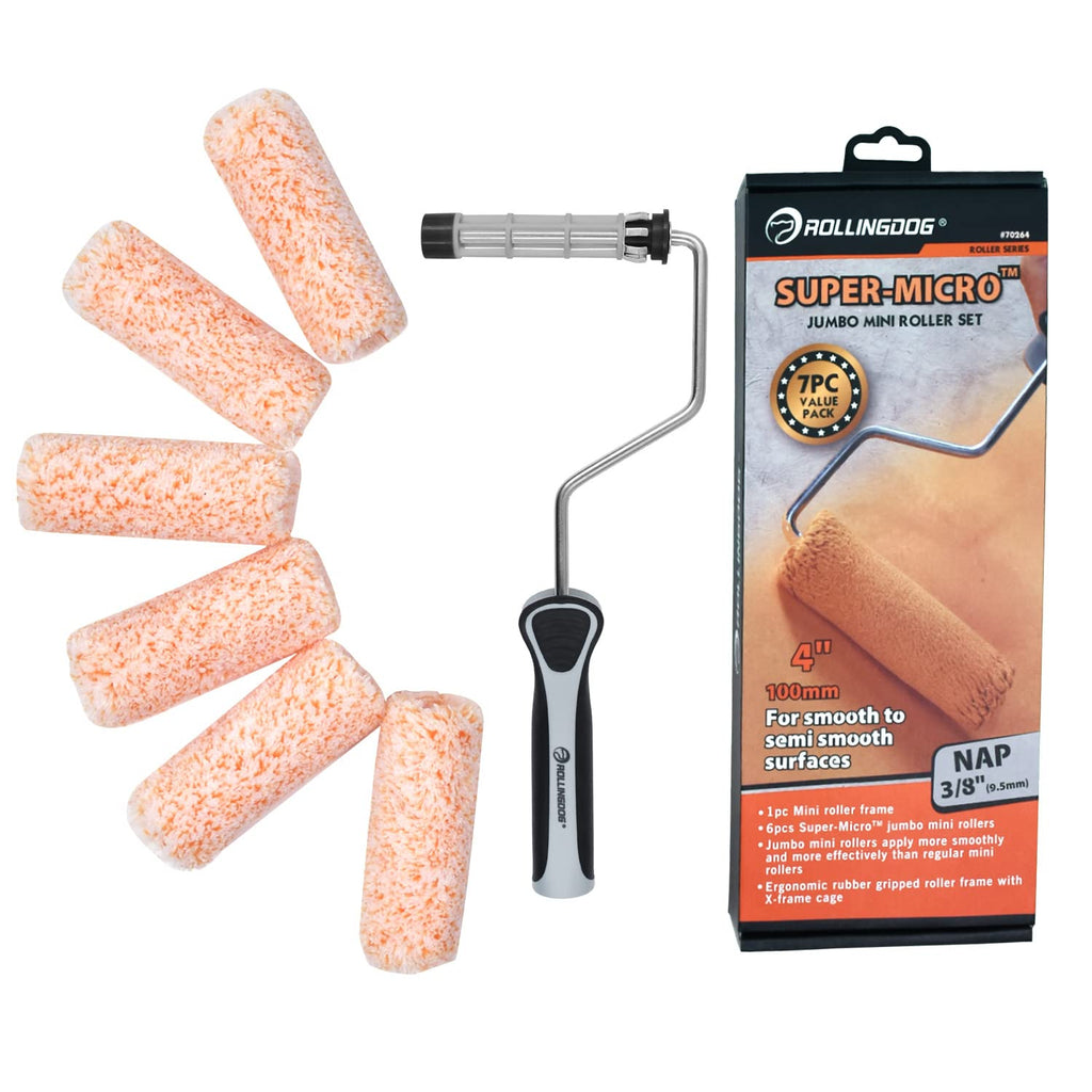 ROLLINGDOG 4 Inch Paint Rollers - Mini Roller Frame with 6PC Microfiber Small Roller Covers with 3/8” Nap for Walls,Cabinets,Furniture Painting