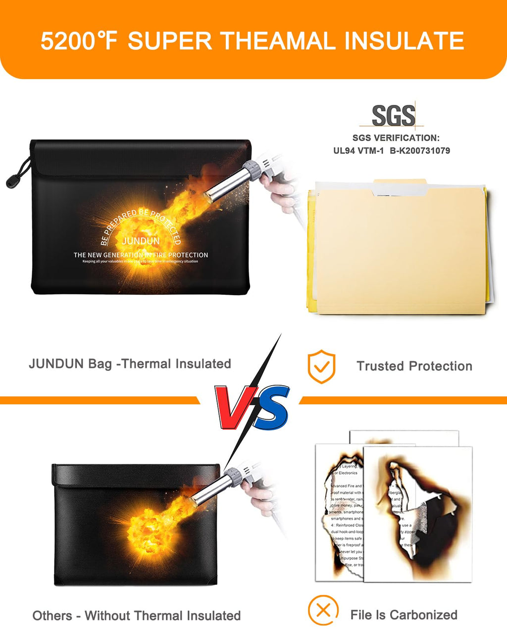 JUNDUN Fireproof Document Bag with 5200℉ Heat Insulated,14.0”x10.4” Waterproof and Fireproof Money Bag,8 Layers Thickened Fire Rated Document Safe Bag Pouch with Zipper for Document,Money and Cash