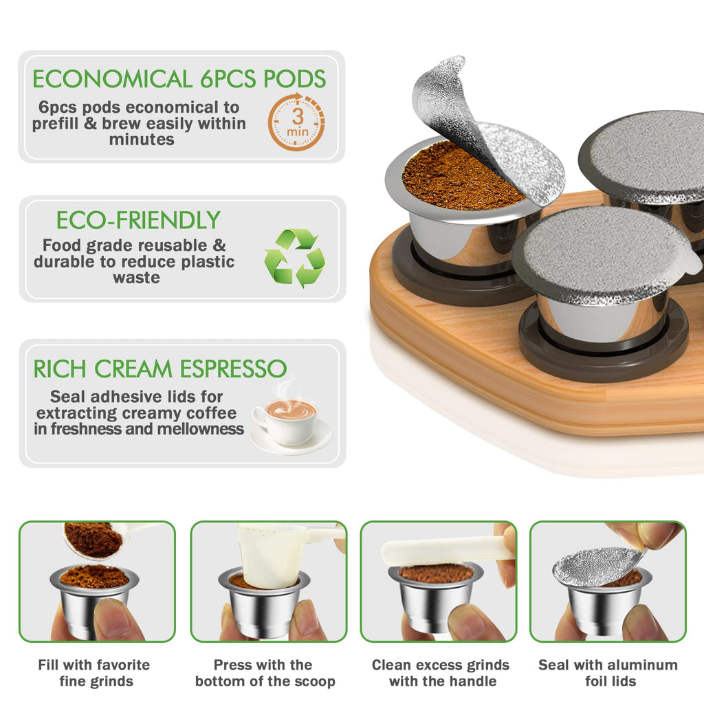 CAPMESSO Reusable Capsules for Nespresso OriginalLine, 6pcs Nespresso Refillable Pods Stainless Steel Coffee Pods Compatible with Nespresso OriginalLine Machine (6 Pods + 100 Lids + Wood Storage Tray)