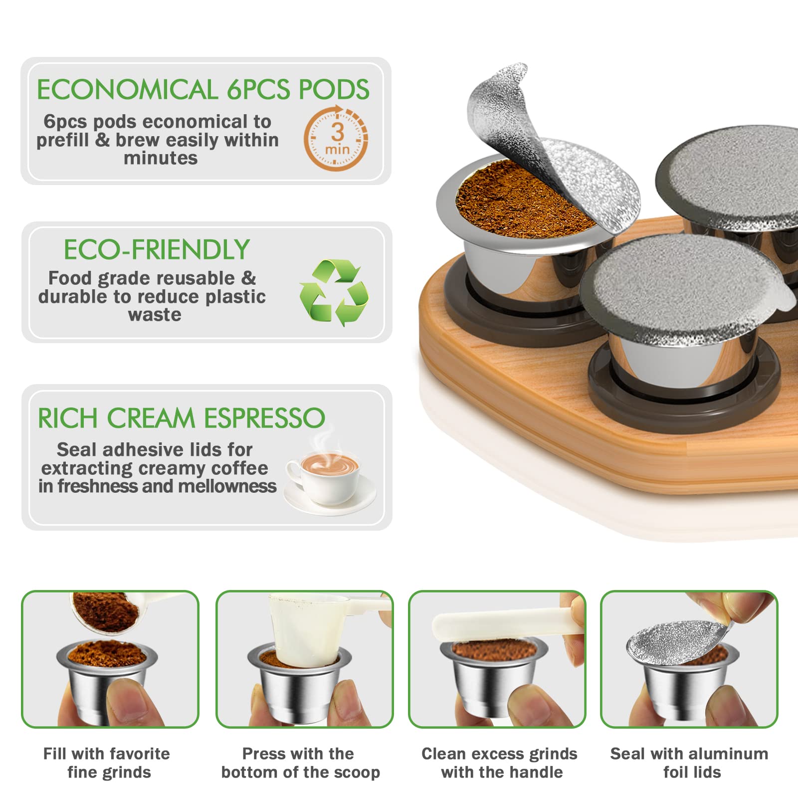 CAPMESSO Reusable Capsules for Nespresso OriginalLine, 6pcs Nespresso Refillable Pods Stainless Steel Coffee Pods Compatible with Nespresso OriginalLine Machine (6 Pods + 100 Lids + Wood Storage Tray)