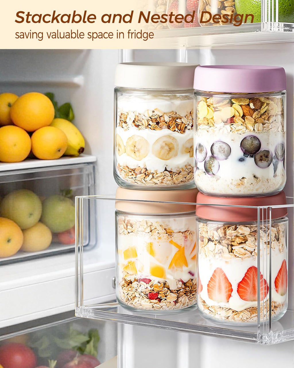 Overnight Oats Jars, Thyme Space 4 pack 500ml/16 oz Overnight Oatmeal Container with Lid for Homemade Yogurt Oatmeal Salad Jam Pudding