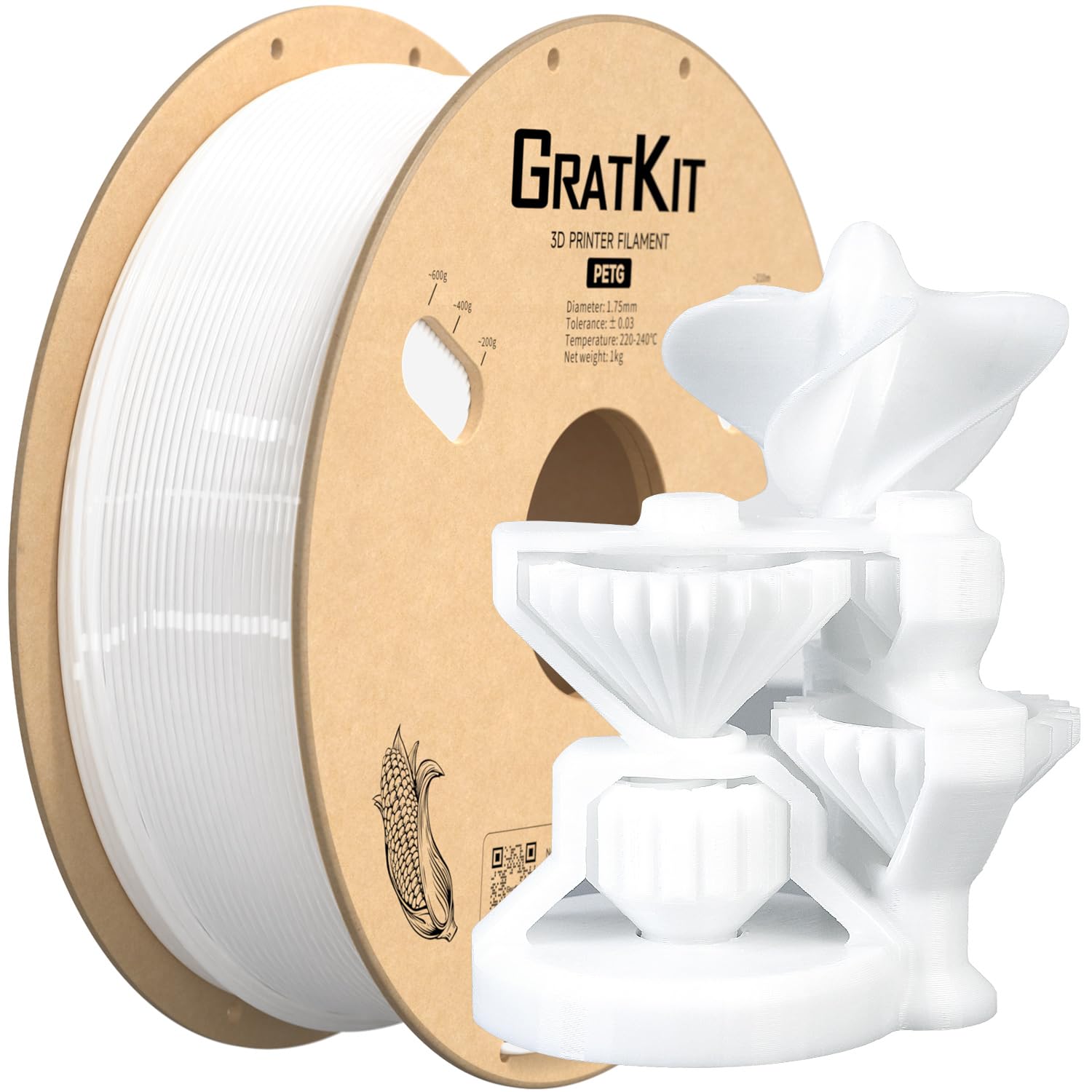 GratKit PETG 3D Printer Filament 1KG, PETG Filament 1.75mm, 3D Printing Filament PETG White