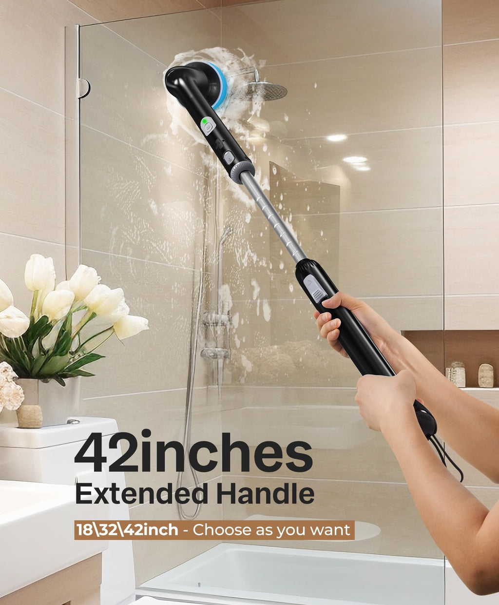 LyriFine Cordless Electric Spin Scrubber, 7 in 1 Shower Cleaner for More Use, Dual Speed & Detachable Long Handle, Electric Scrubber Cleaning, Waterproof Bathroom Scrubber Tub Tile Floor Bathtub