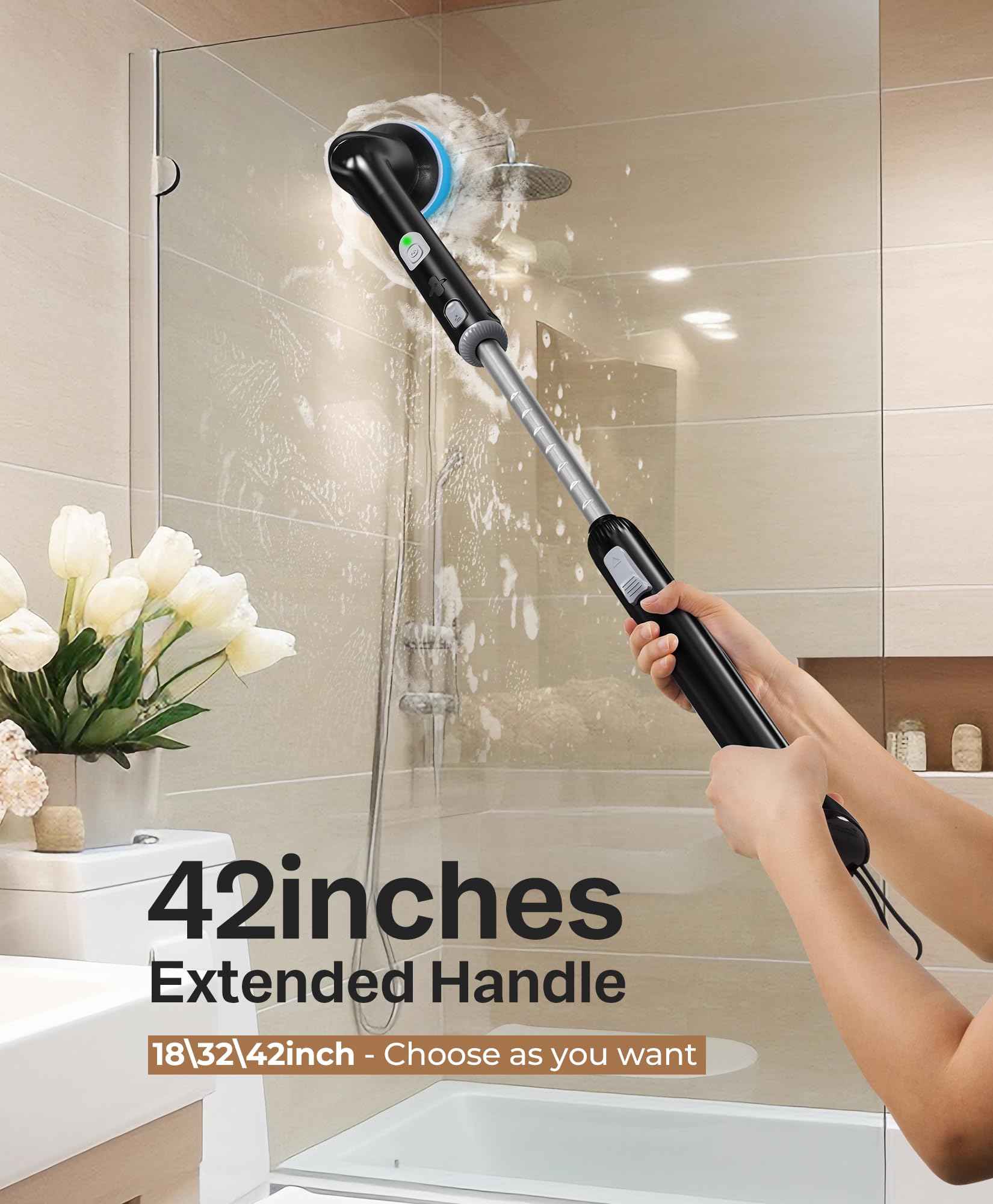 LyriFine Cordless Electric Spin Scrubber, 7 in 1 Shower Cleaner for More Use, Dual Speed & Detachable Long Handle, Electric Scrubber Cleaning, Waterproof Bathroom Scrubber Tub Tile Floor Bathtub