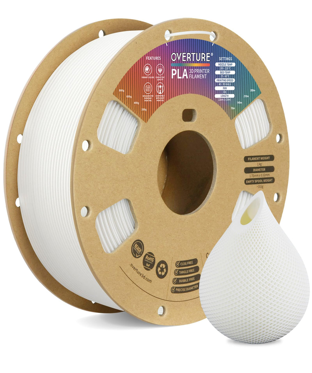 OVERTURE PLA Filament 1.75mm, Neatly Wound 3D Printer Filament 1kg Spool (2.2lbs), Dimensional Accuracy +/- 0.02 mm, Fit Most FDM 3D Printers (White 1-Pack)