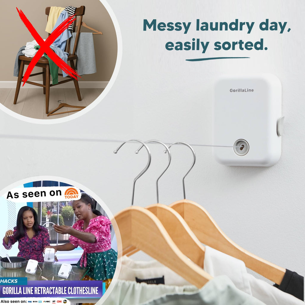 GorillaLine - Retractable Clothesline Indoor Outdoor Clothes Line - Heavy Duty Clothes Drying Laundry Line - Wall Mounted Drying Rack - Air Dry Clothing