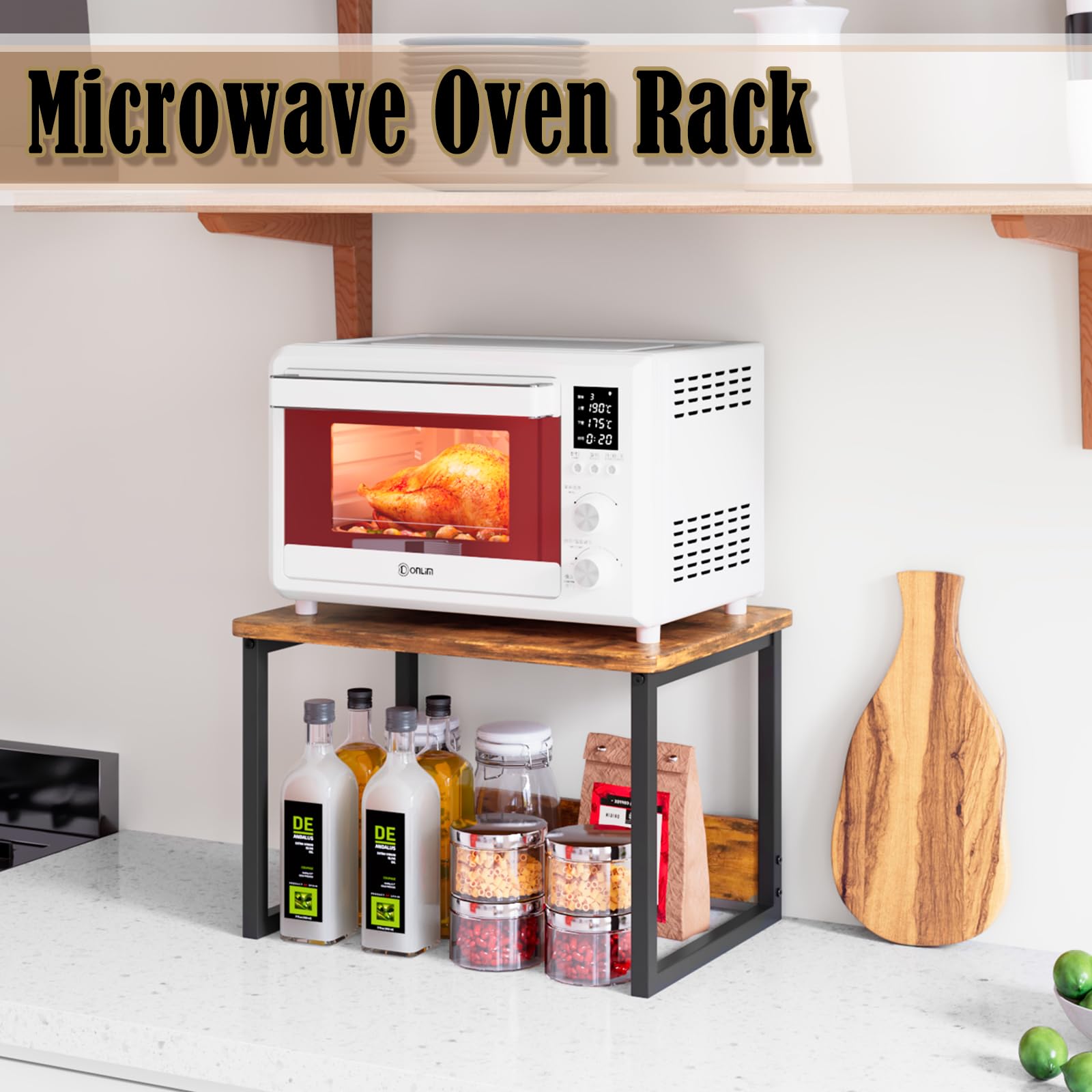 MARTY Kitchen Countertop Organizer Cabinet Shelf, 17.3x12.6 Large Spice Racks Counter Shelf Microwave Oven Rack Desktop Storage Organization for Kitchen, Office, Metal & Wood, Rustic Brown