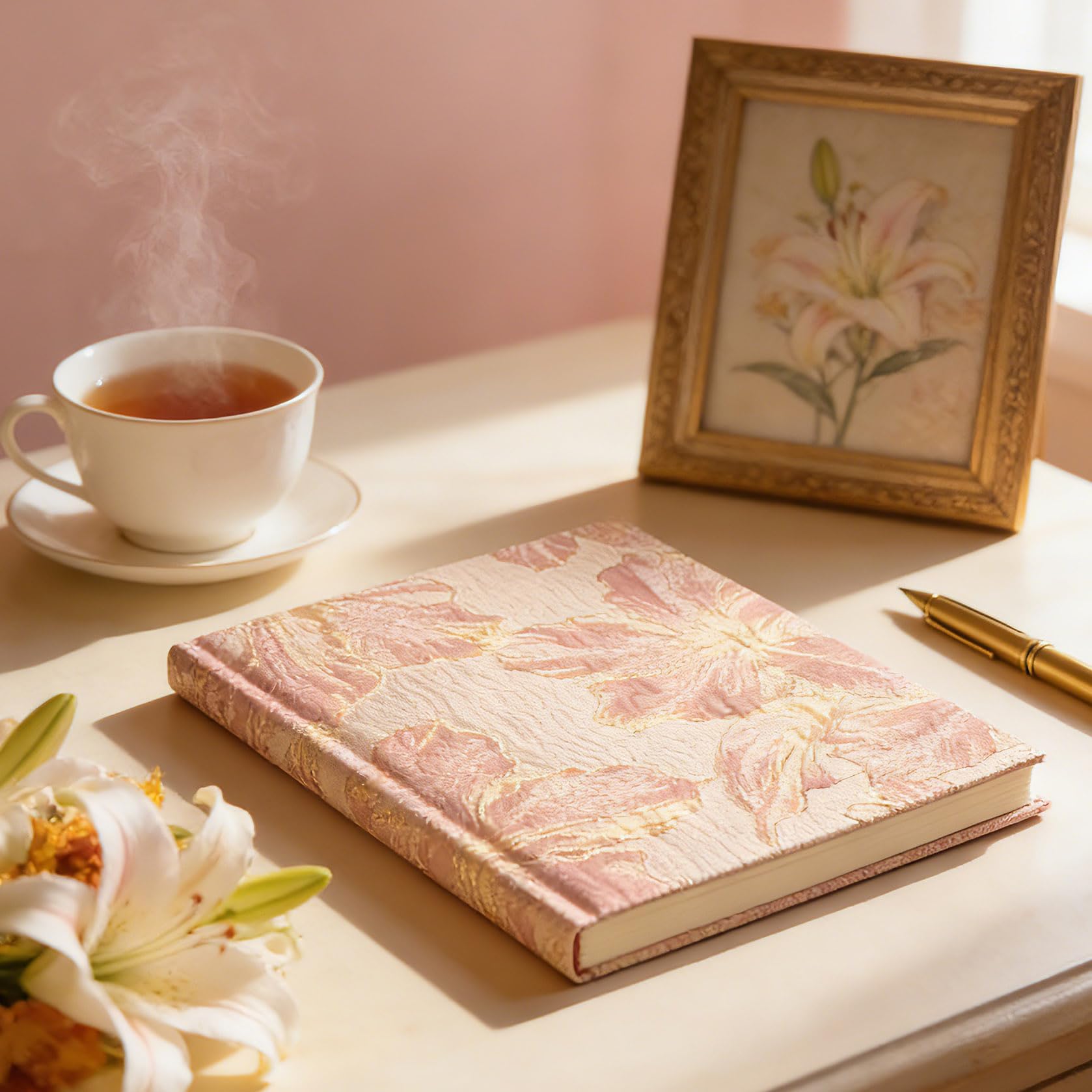ipoul Floral Journal for women, Hardcover Notebook, A5, 6x8, Ruled Pages, Lay Flat, Pretty Journal, Lily Flower, Pink, can be Reading Journal, Writing Notebook, Self Love Journal, Personal Journal