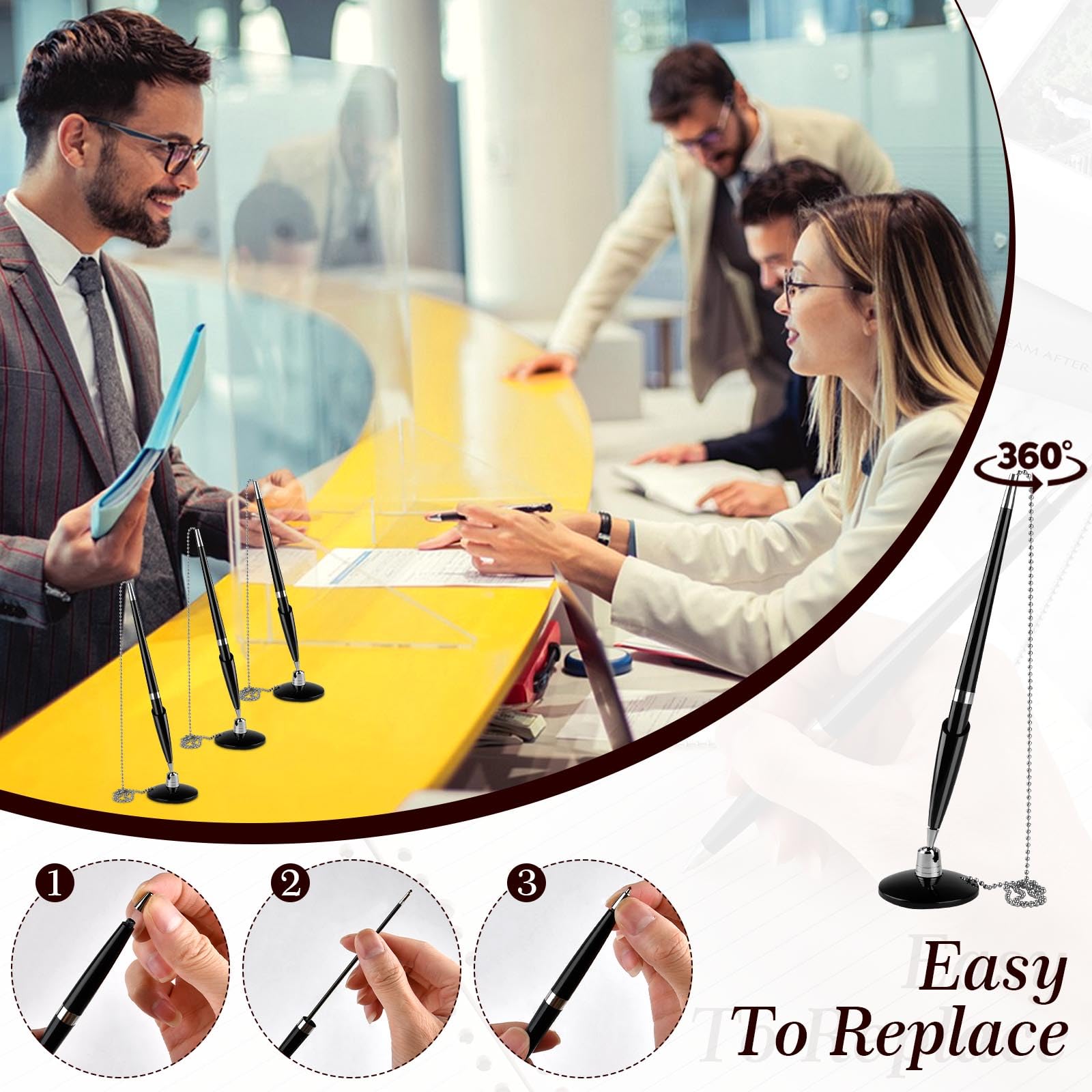 Supkiir 6 Pack Secure Pen with Adhesive Pen Chain and Security Pen Holder with 24 Pack Ink Refills, Reception Counter Pen with Bead Chain for Office Supplies Bank Hotel Lobbies Retail Stores