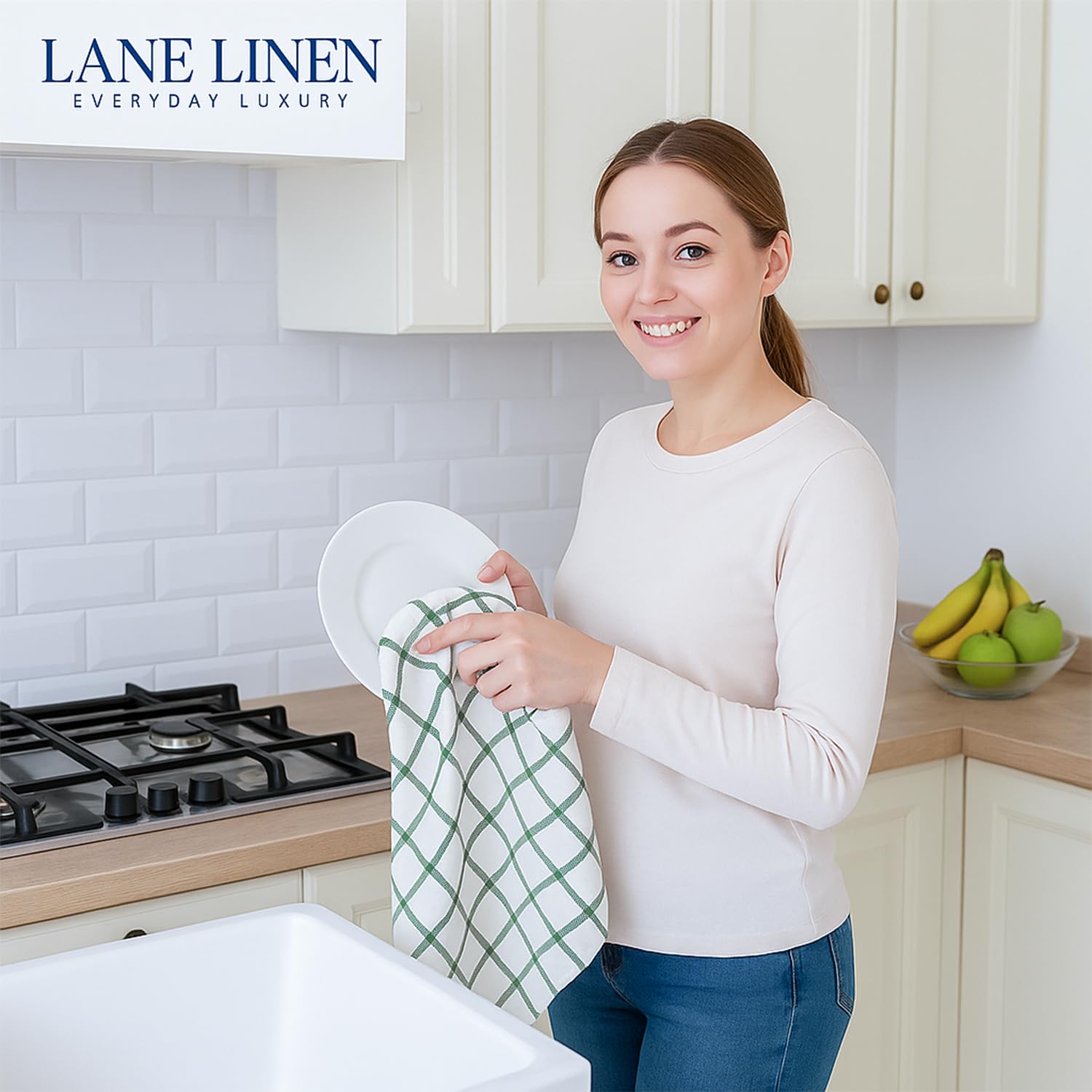 Kitchen Towels Set - Pack of 12 Cotton Dish Towels for Drying Dishes, 18”x 28”, Kitchen Hand Towels, Absorbent Tea Towel, Premium Towels for Kitchen, Quick Drying - Olive