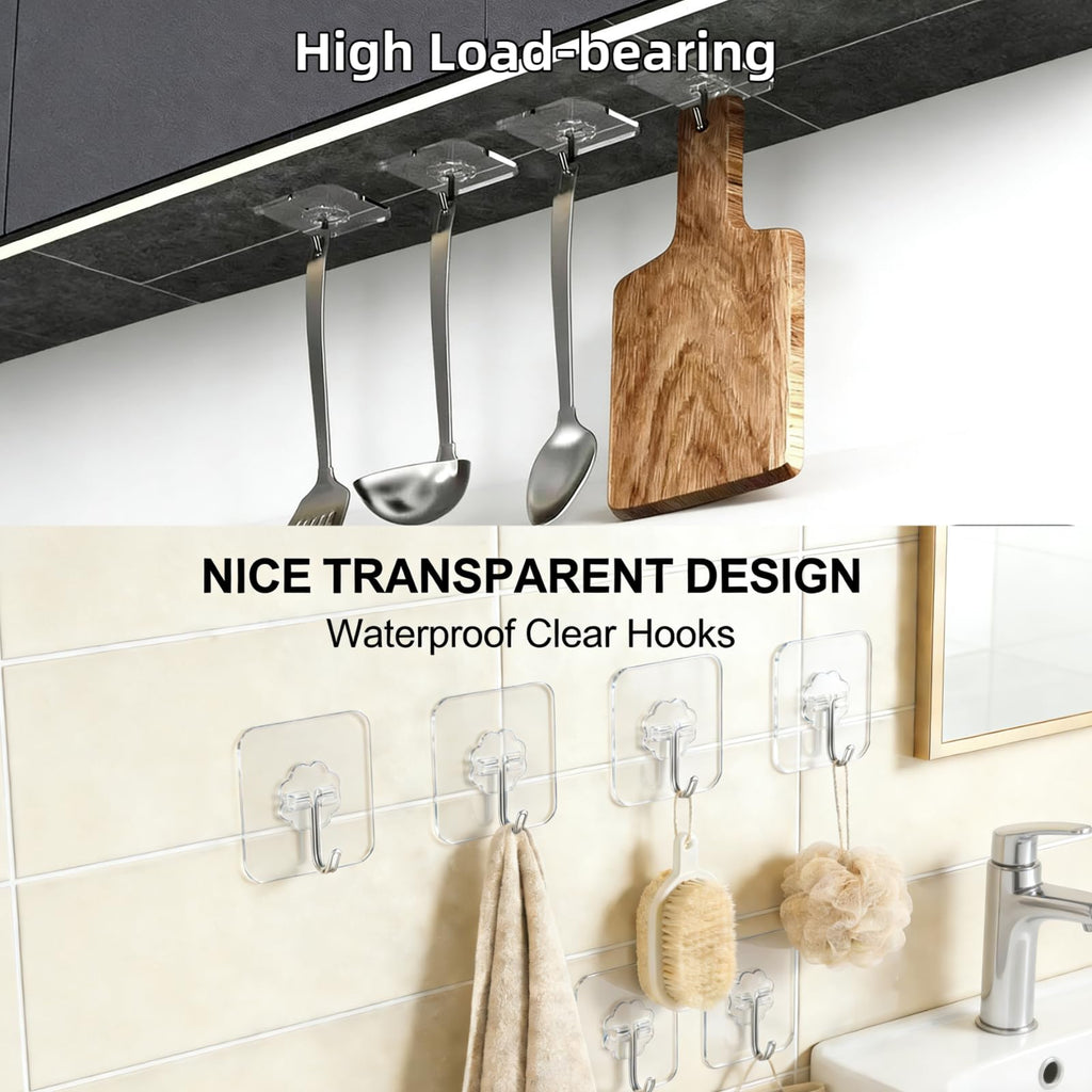 DDMY Adhesive Hooks Kitchen Wall Hooks- 50 Packs Heavy Duty 33lb(Max) Nail Free Sticky Hangers with Stainless Hooks Reusable Utility Towel Bath Ceiling Hooks