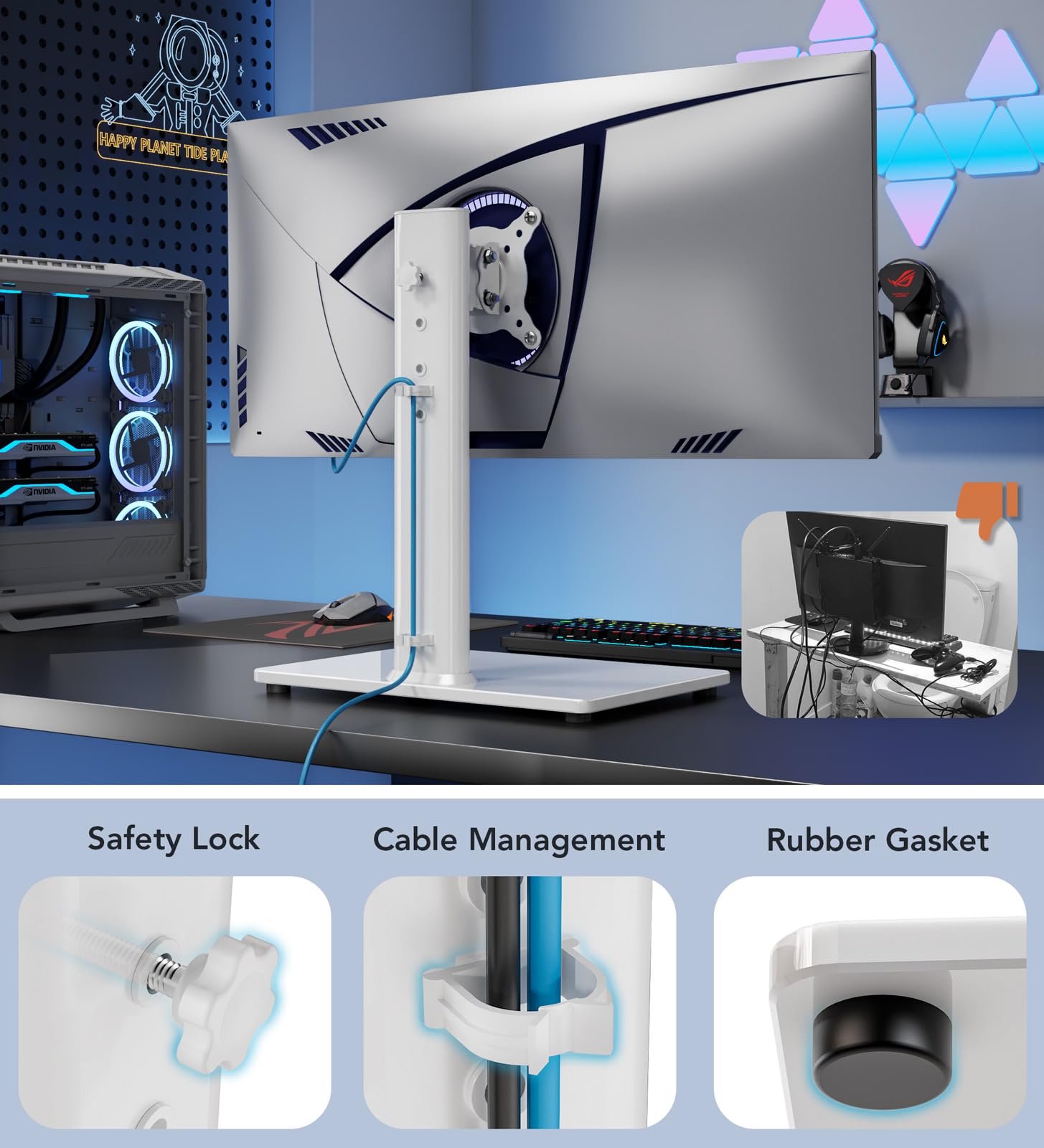 Single LCD Computer Monitor Free-Standing Desk Stand Riser for 13 inch to 32 inch Screen with Swivel, Height Adjustable, Rotation, Holds One (1) Screen up to 77Lbs(HT05W-001)