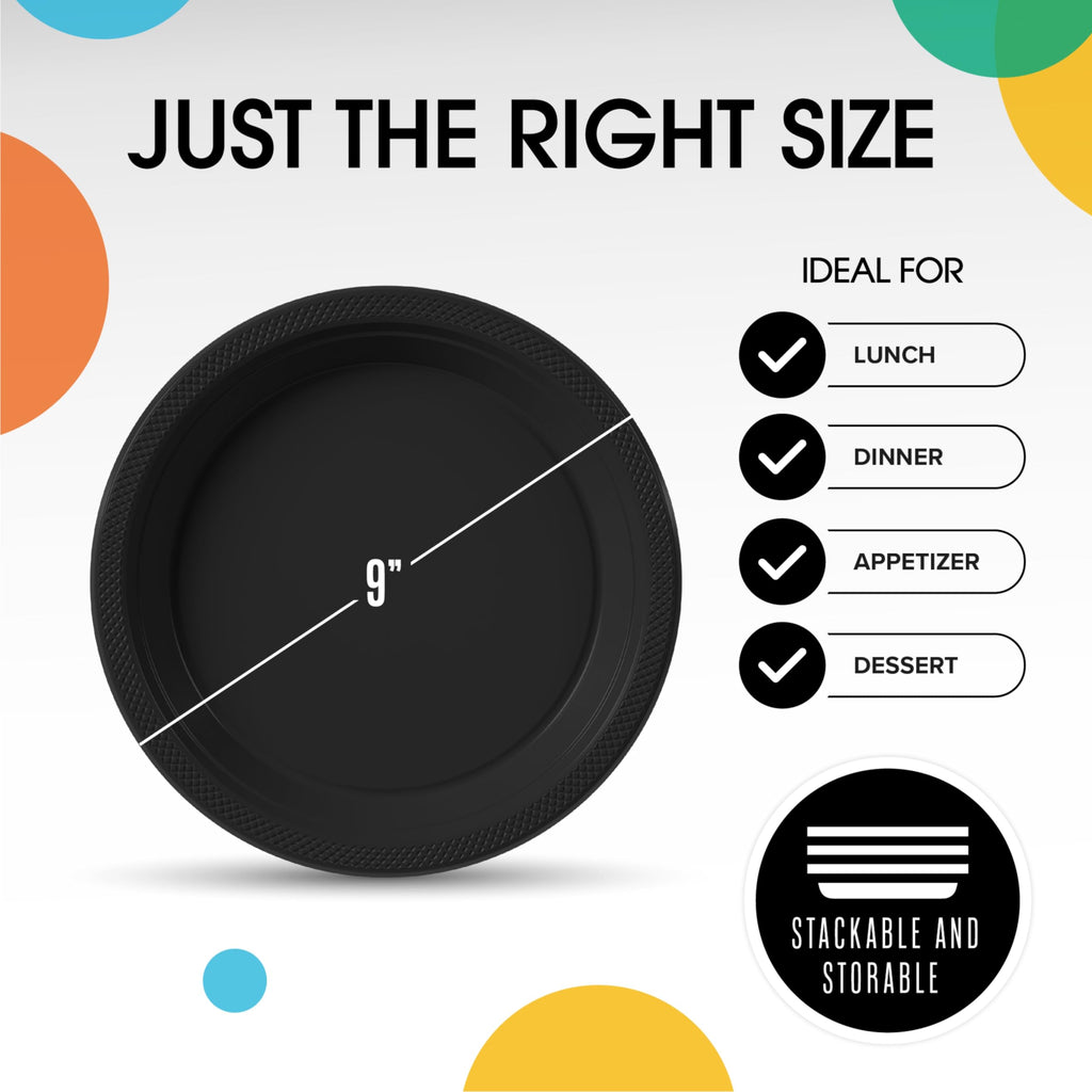 Party Solids Black Plastic Plates for Party 9" Black Disposable Plates Heavy Duty 100 Pcs Plastic Dinnerware Sets Heavy Duty 350 GSM Disposable Dinnerware Set