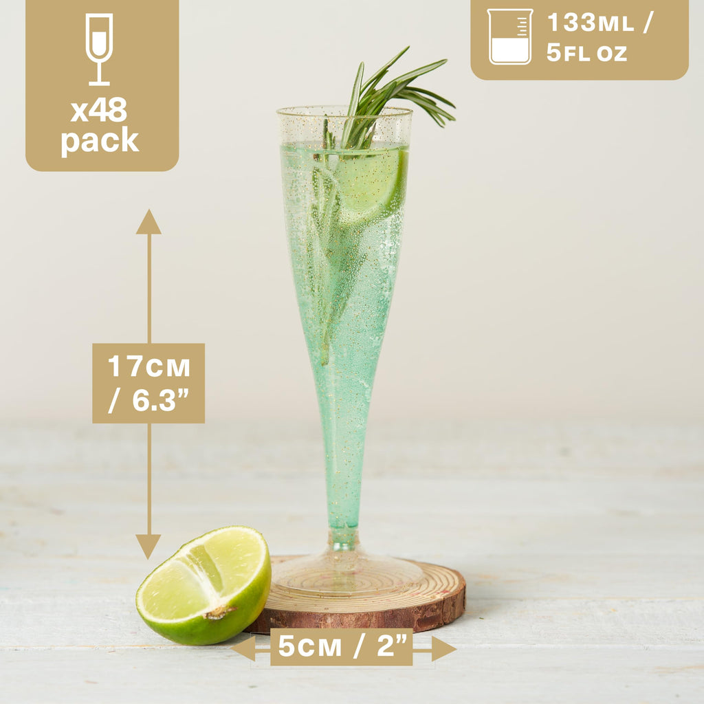 MATANA 48 Premium Plastic Champagne Flutes Gold Glitter 5 oz/ 133ml - Reusable Toasting Glasses for Cocktails, Dessert, Prosecco Mimosa Glasses for Wedding, Birthday, Event, Christmas Parties