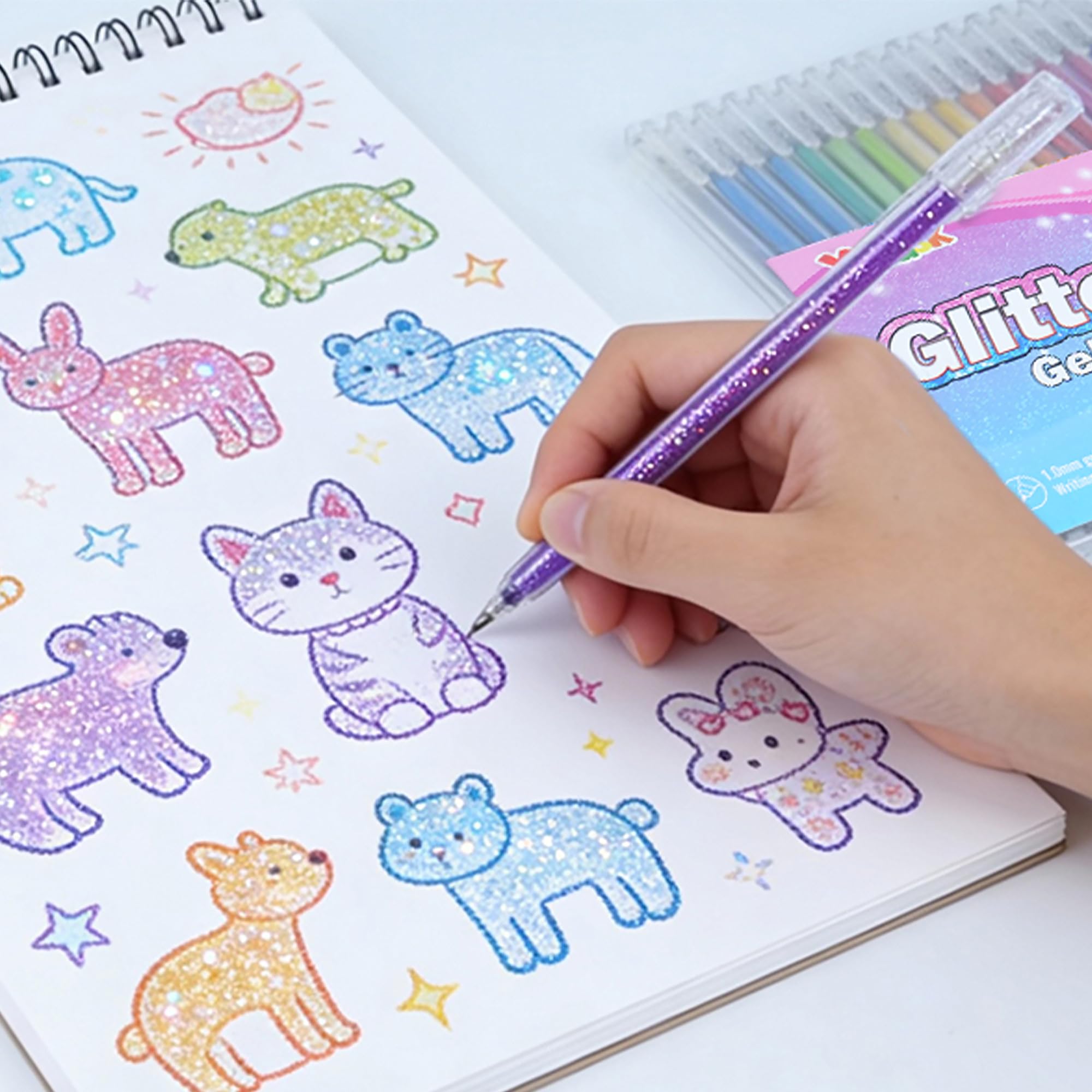 Xmusk 18 Colors Glitter Gel Pen & A5 Art Sketchbook Gift Set - 50 Sheets 120gsm Drawing Pad for Painting & Writing, Perfect Birthday, Opening, Christmas Gift(XGP-18)