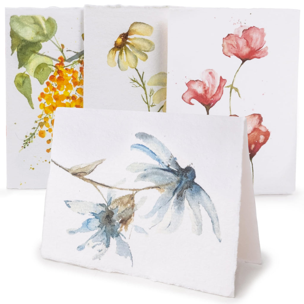 Wanderings Handmade Deckle Edge Blank Greeting Cards & Envelopes with Flower Art - Thick 300gsm paper– 20 Cards (5 Each of 4 Varieties) for Invitations, Thank Yous, Get Well and Birthday Cards –5x7"