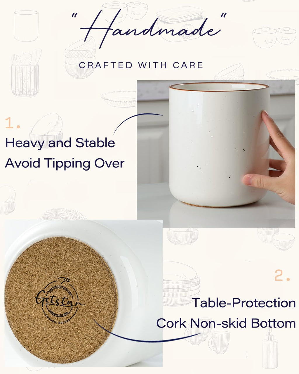 getstar Kitchen Utensil Holder, Large Ceramic Cooking Utensil Holder (H7.2” x W6.2”) for Kitchen Counter with Cork Mat at Bottom