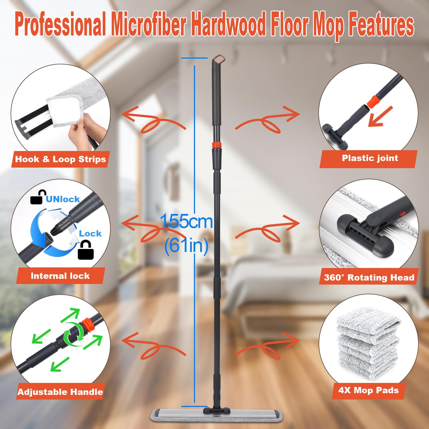 18 Inch Flat Mop Cleaning System Microfiber with 4 Reusable Pads – Wet Dry Floor Cleaner for Hardwood, Laminate, Tile, Silver