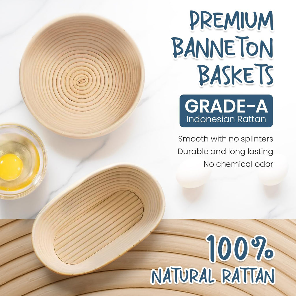 Glimsax Banneton Proofing Basket Set of 2, 9" Round & 10" Oval for Sourdough Baking, Bread Making Accessories and Tools Starter Kit, Gifts for Beginner and Professional Bakers