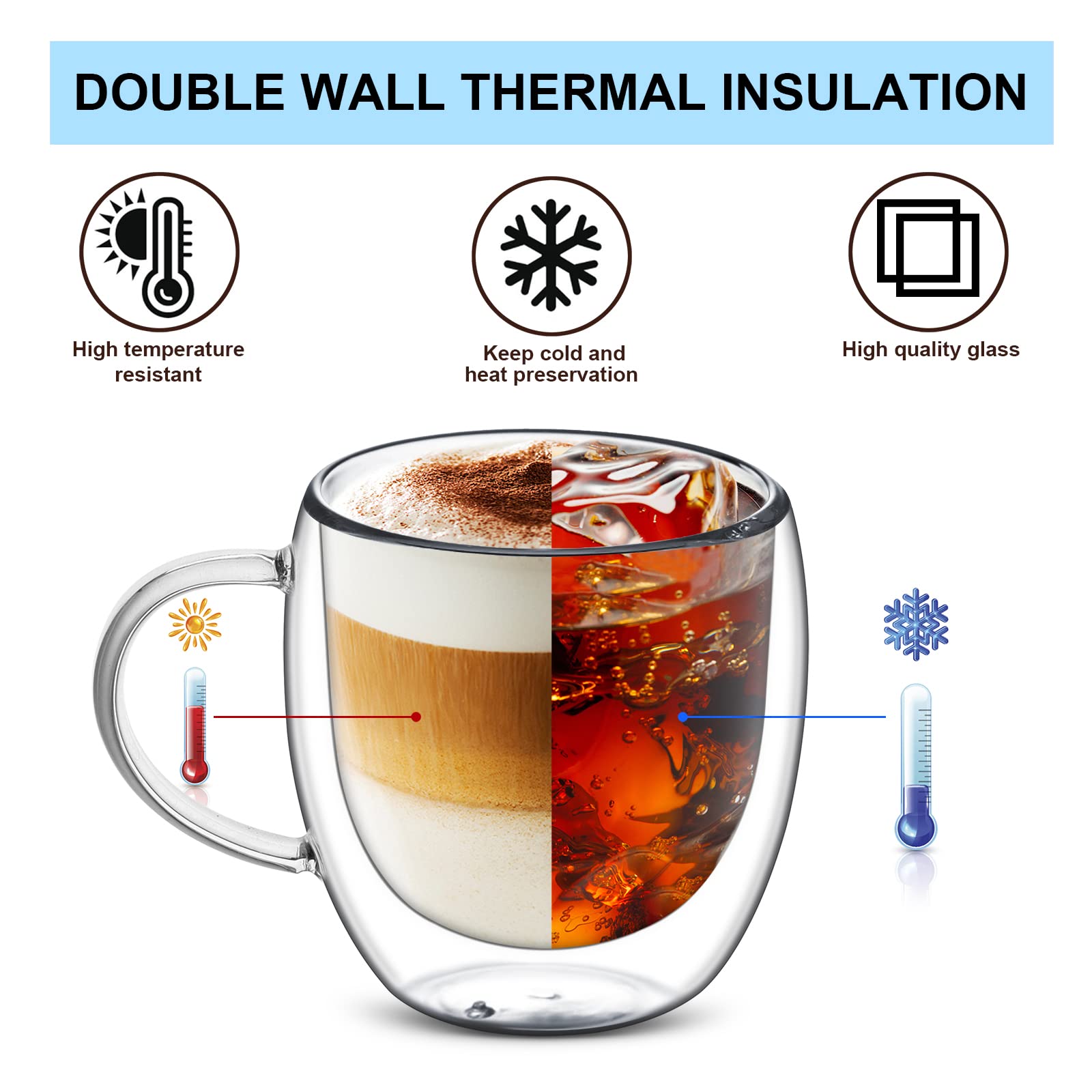 Cappuccino Glass Mugs, Set of 4 Double Walled Espresso Mug Cups Glass Mug Set, Insulated Drinking Glass Coffee Cups with Handle, Clear Glass Mugs for Latte, Cappuccino, Tea Bag, Juice (250ml /8.45oz)