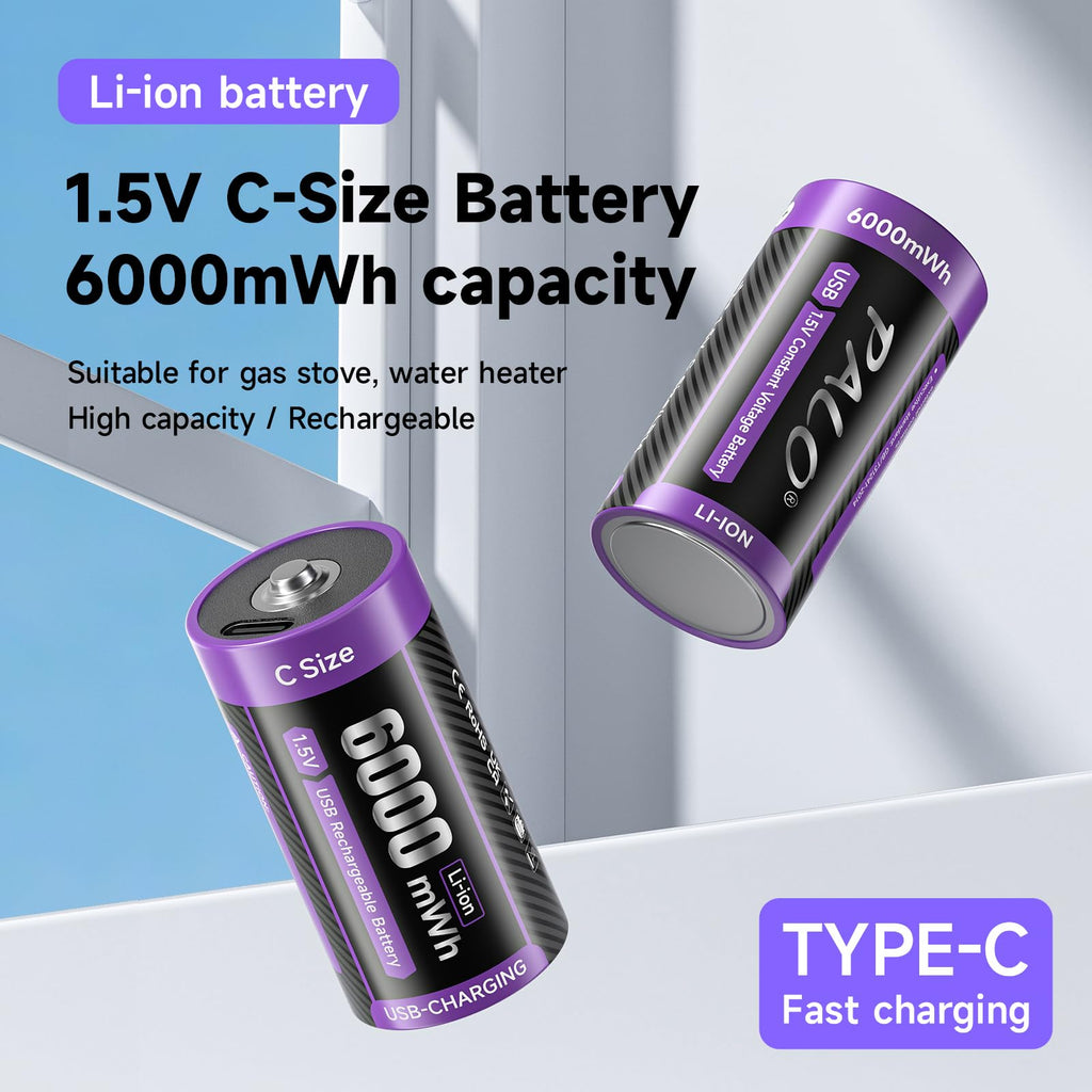 Mspalocell Rechargeable C Batteries with Charger 2 Pack, 1.5V Li-ion 6000 mWh C Cell Batteries with 2 in 1 Type-C Charging Cable for Household and Office Devices