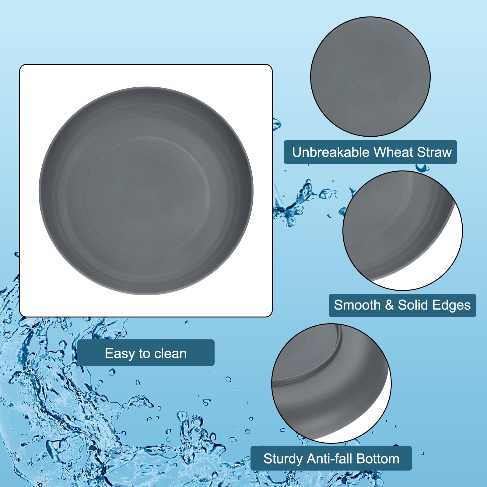 uxcell 4Pcs Plastic Plates Set, 9 Inch Unbreakable Dinner Plates Set Plastic Plates Reusable Dishwasher & Microwave Safe for Restaurants Kitchen Food Outdoor Camping, Dark Grey