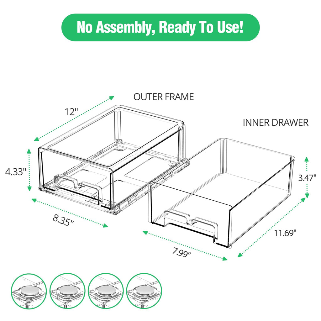 damynuo 2 Pack Refrigerator Drawers - Fridge Organizer Bins Stackable Storage Drawers, Clear Refrigerator Organizing Containers Pull Out Drawer for Fruit, Vegetable Storage and Keep Fresh