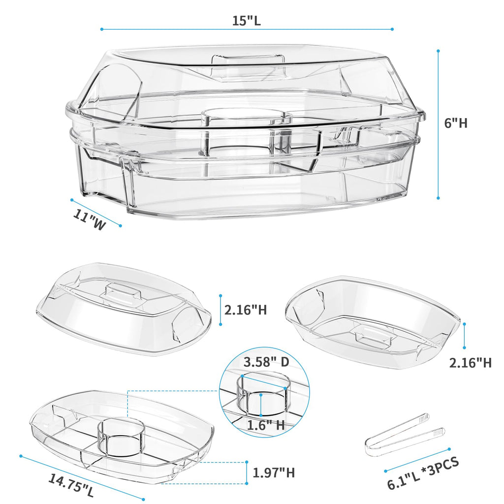Tangyinus Ice Chilled Party Platter - 15'' Divided Serving Tray with Lid and 4 Compartments, Clear Fruit Trays for Serving for Party, Ideal Cold Chilled Serving Trays for Parties, Shrimp Cocktail, Etc