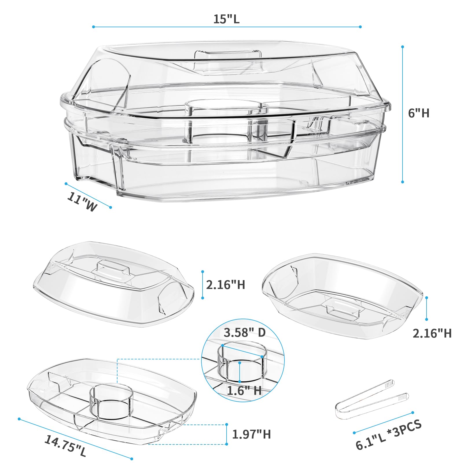 Tangyinus Ice Chilled Party Platter - 15'' Divided Serving Tray with Lid and 4 Compartments, Clear Fruit Trays for Serving for Party, Ideal Cold Chilled Serving Trays for Parties, Shrimp Cocktail, Etc
