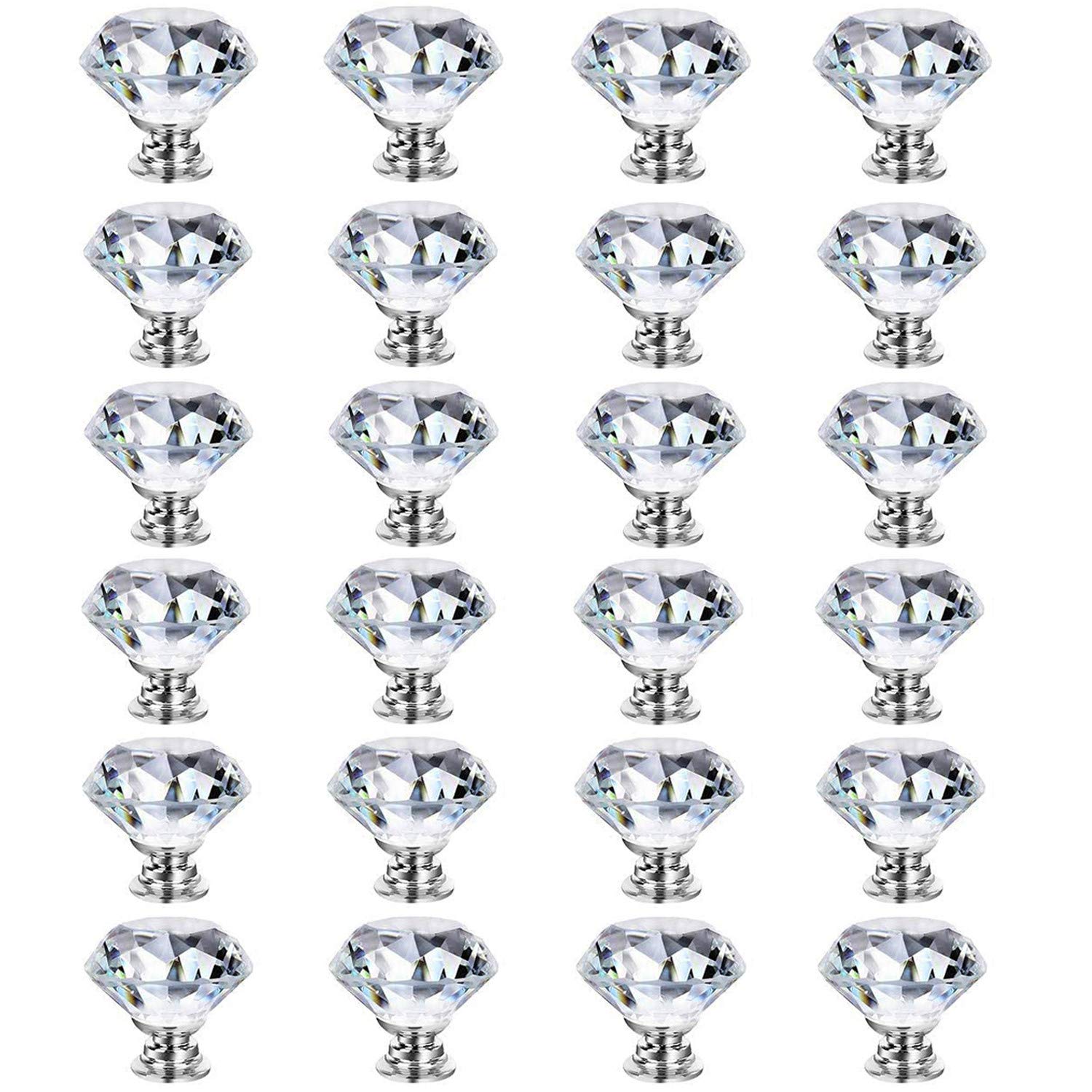 24pcs Cabinet Knobs, BetterJonny 30mm Glass Diamond Crystal Drawer Knobs for Your Home, Dresser and Cupboard,Living-Room, Kitchen, Bathroom, Office